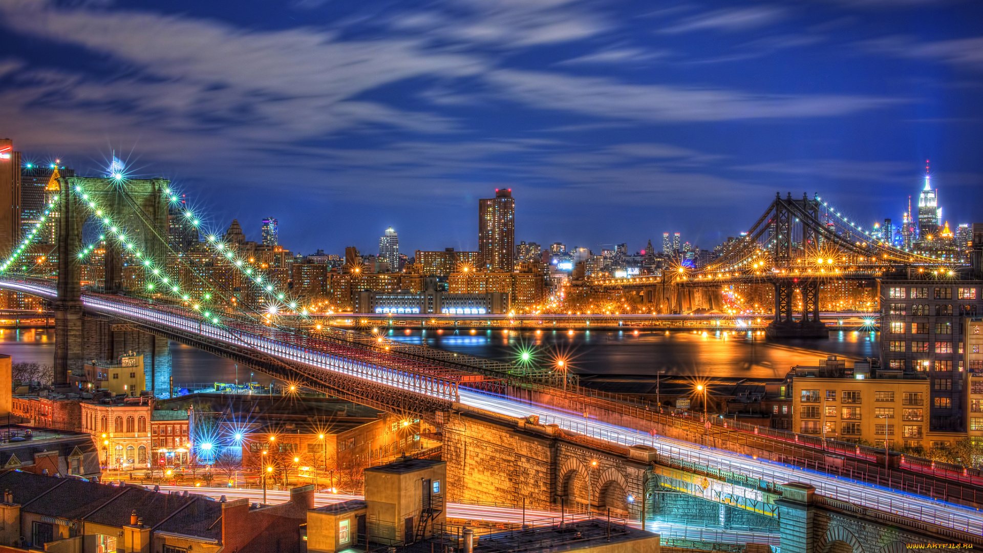 new, york, city, города, нью-йорк, , сша, ночь, река, мосты, огни