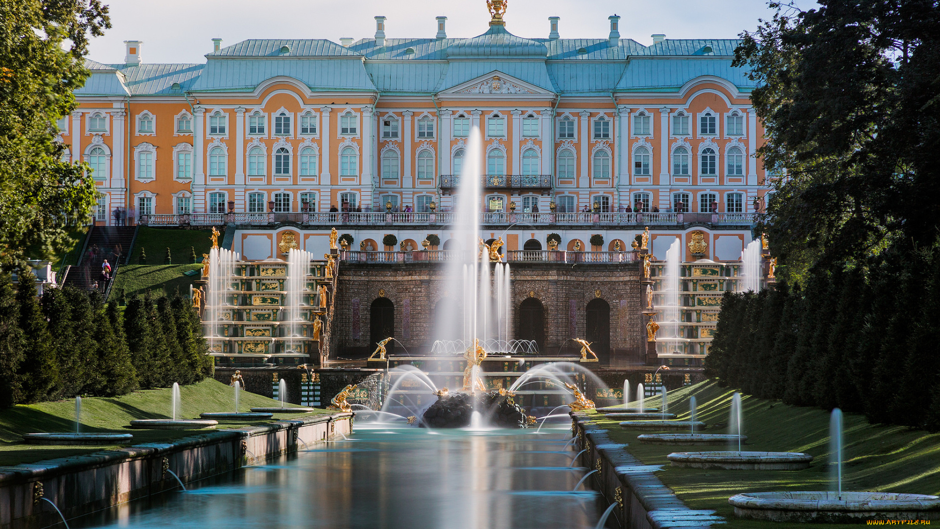 peterhof, palace, canal, города, санкт-петербург, , петергоф, , россия, фонтаны, дворец
