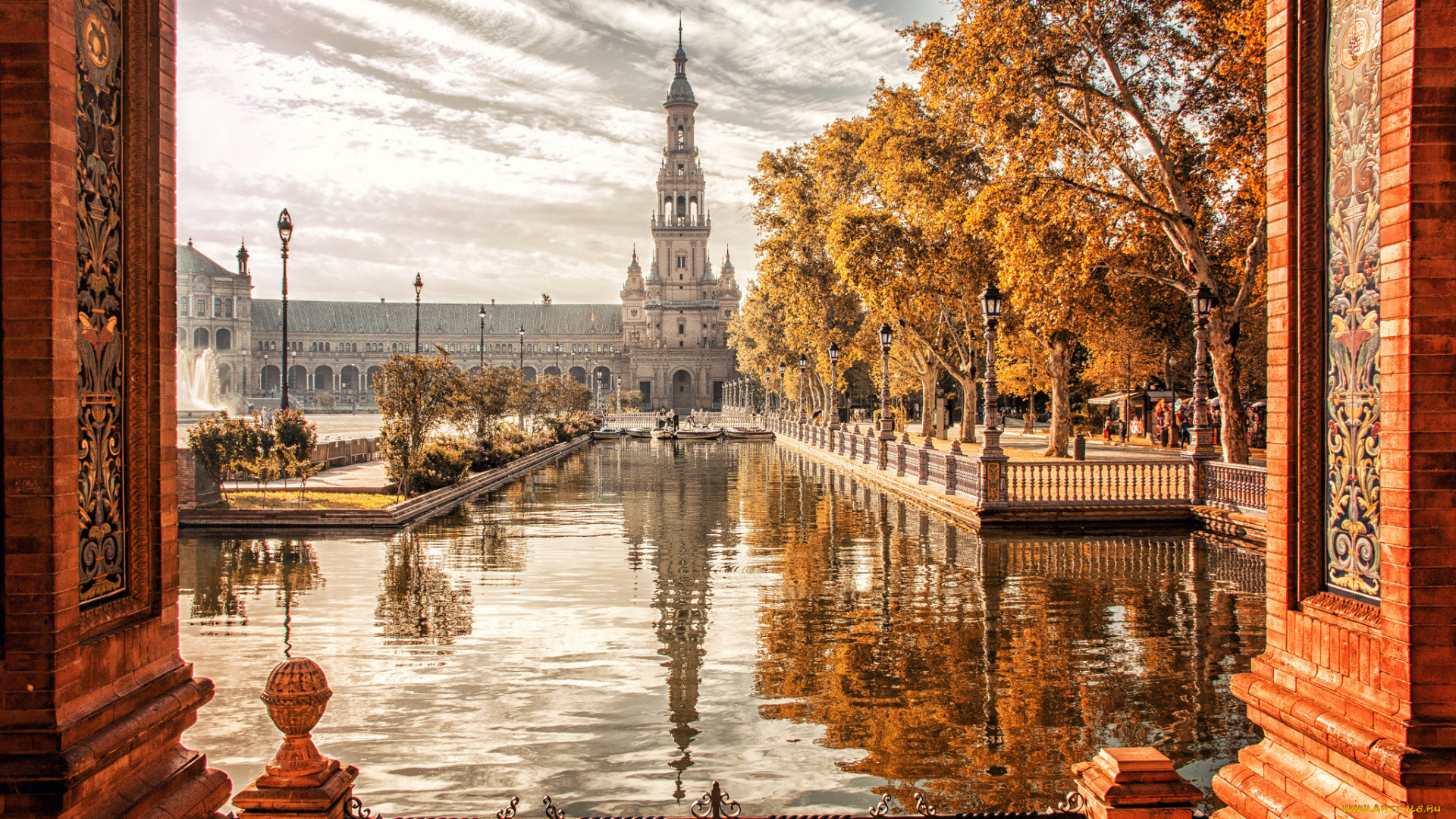 plaza, de, espa&, 241, , sevilla, города, севилья, , испания, площадь, башня, водоем