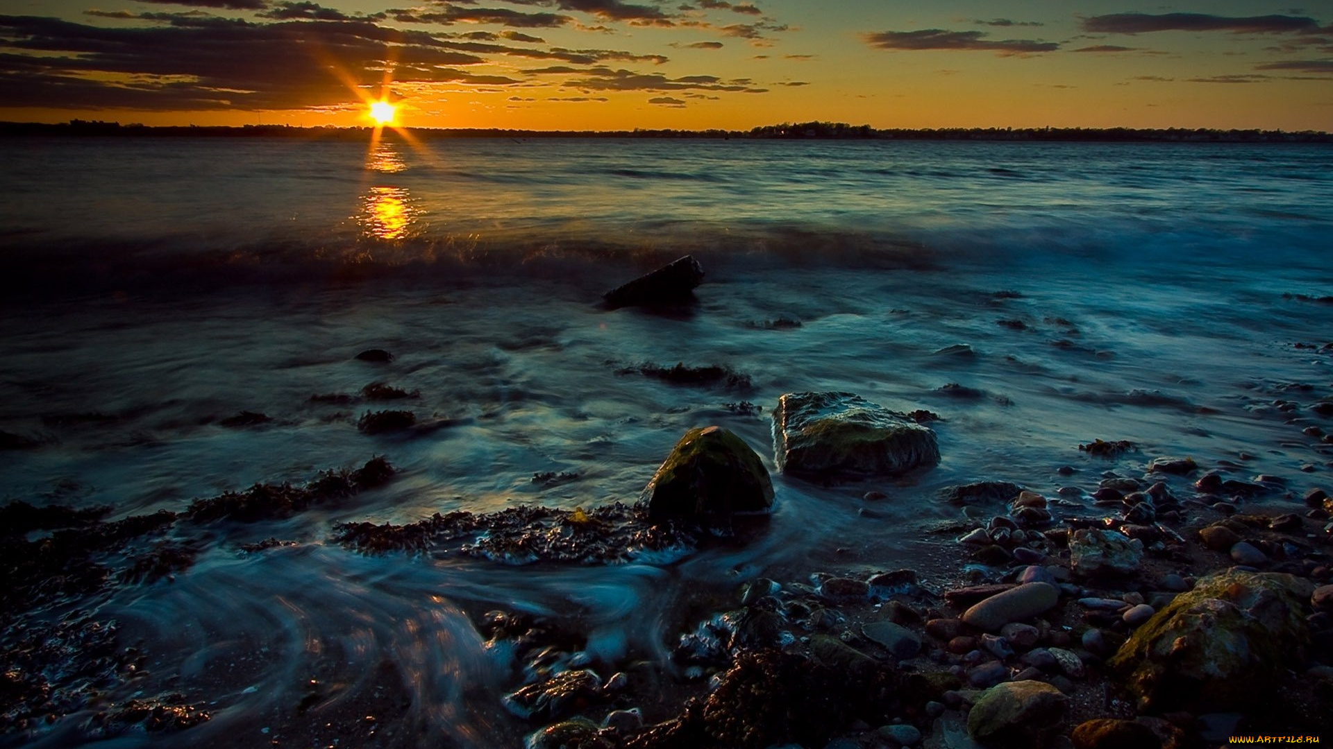 природа, восходы, закаты, берег, море, закат, солнце, камни, волны, прибой