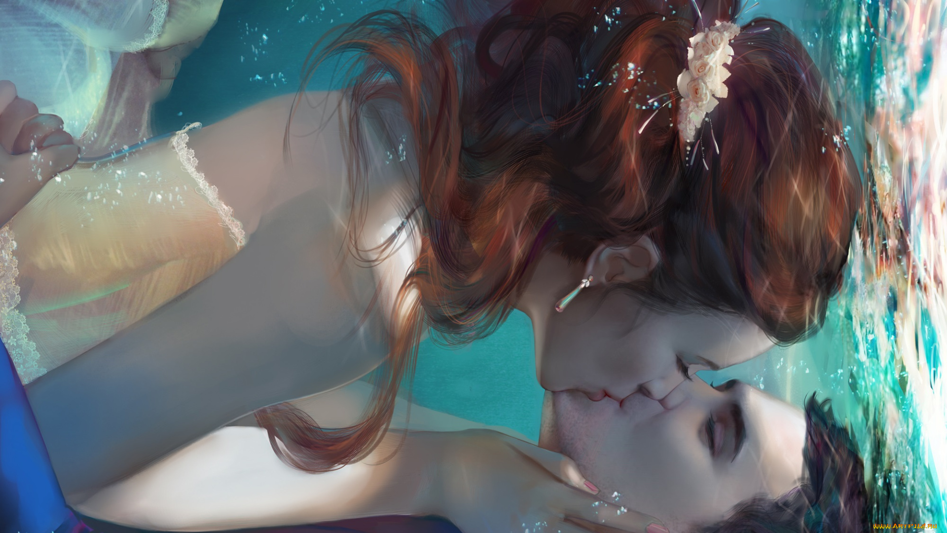 рисованное, люди, девушка, парень, поцелуй, вода