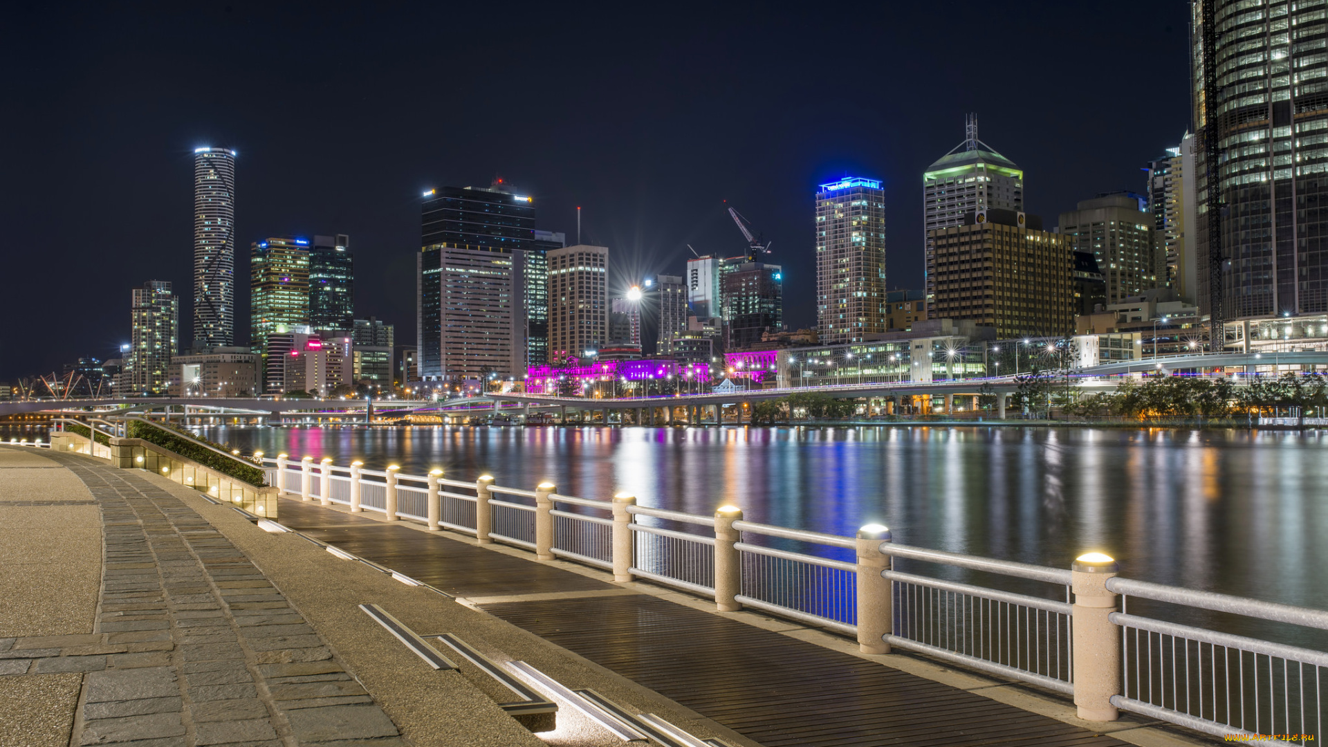 south, bank, brisbane, города, -, огни, ночного, города, ночь, река, набережная, небоскребы, огни