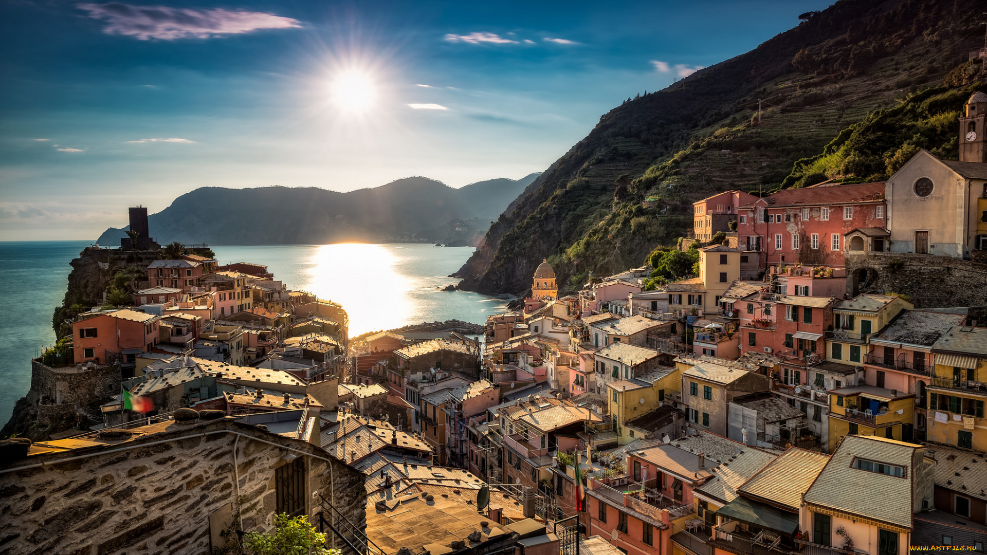 sun-drenched, vernazza, города, -, панорамы, поселок, скалы, море