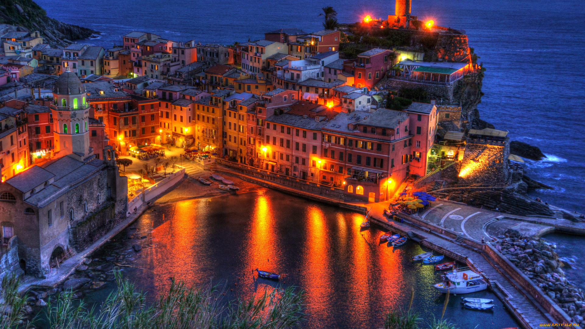 vernazza, italy, города, -, огни, ночного, города, ночь, здания, огни