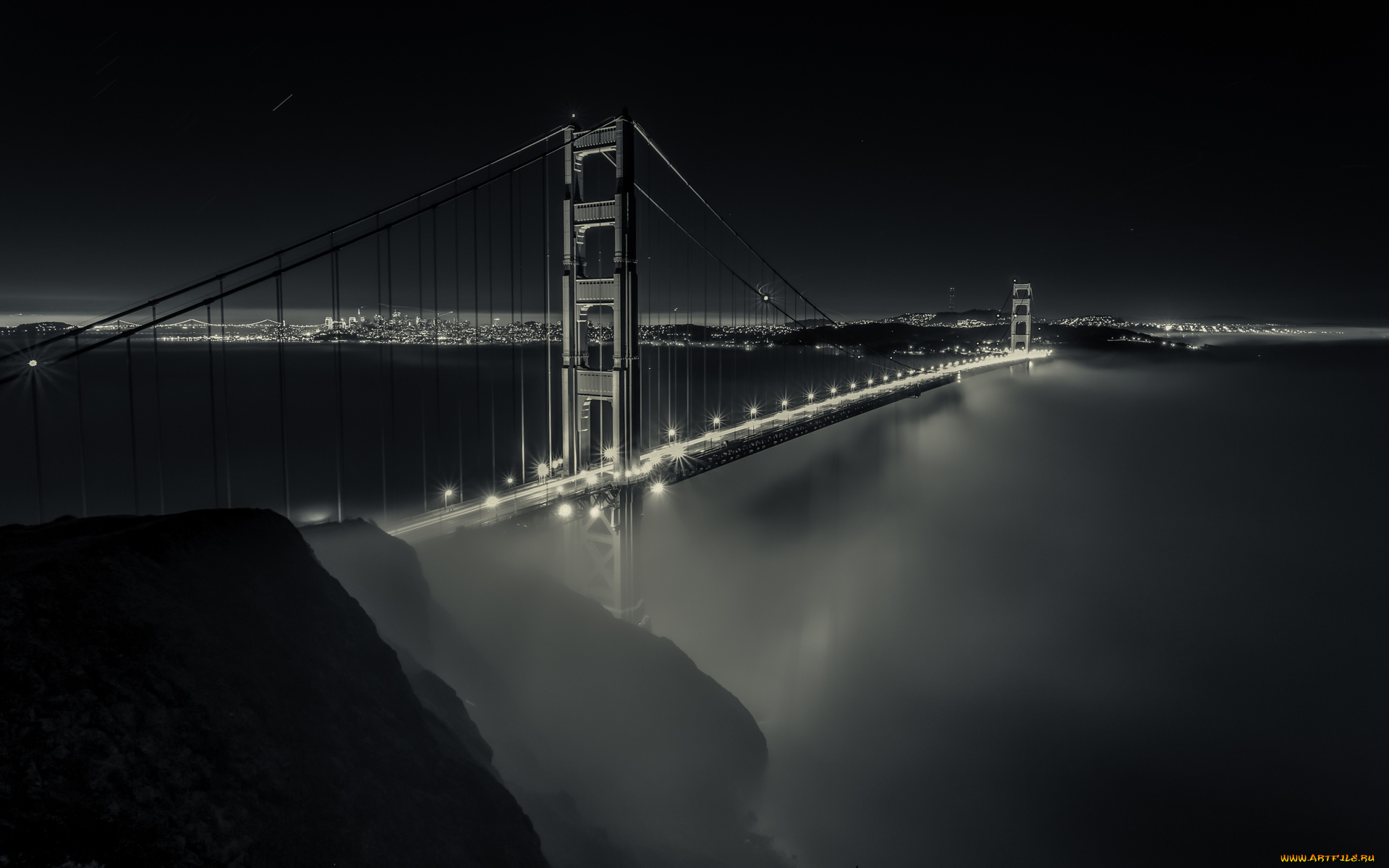 города, -, мосты, огни, туман, мост, калифорния, california, bay, bridge, сан-франциско, san, francisco
