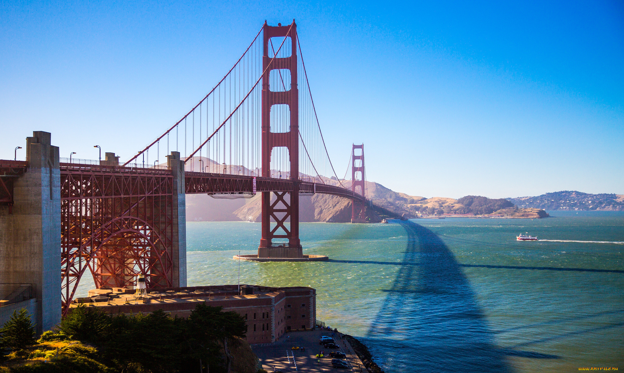 города, -, мосты, сан-франциско, мост, горы, залив, золотые, ворота, небо