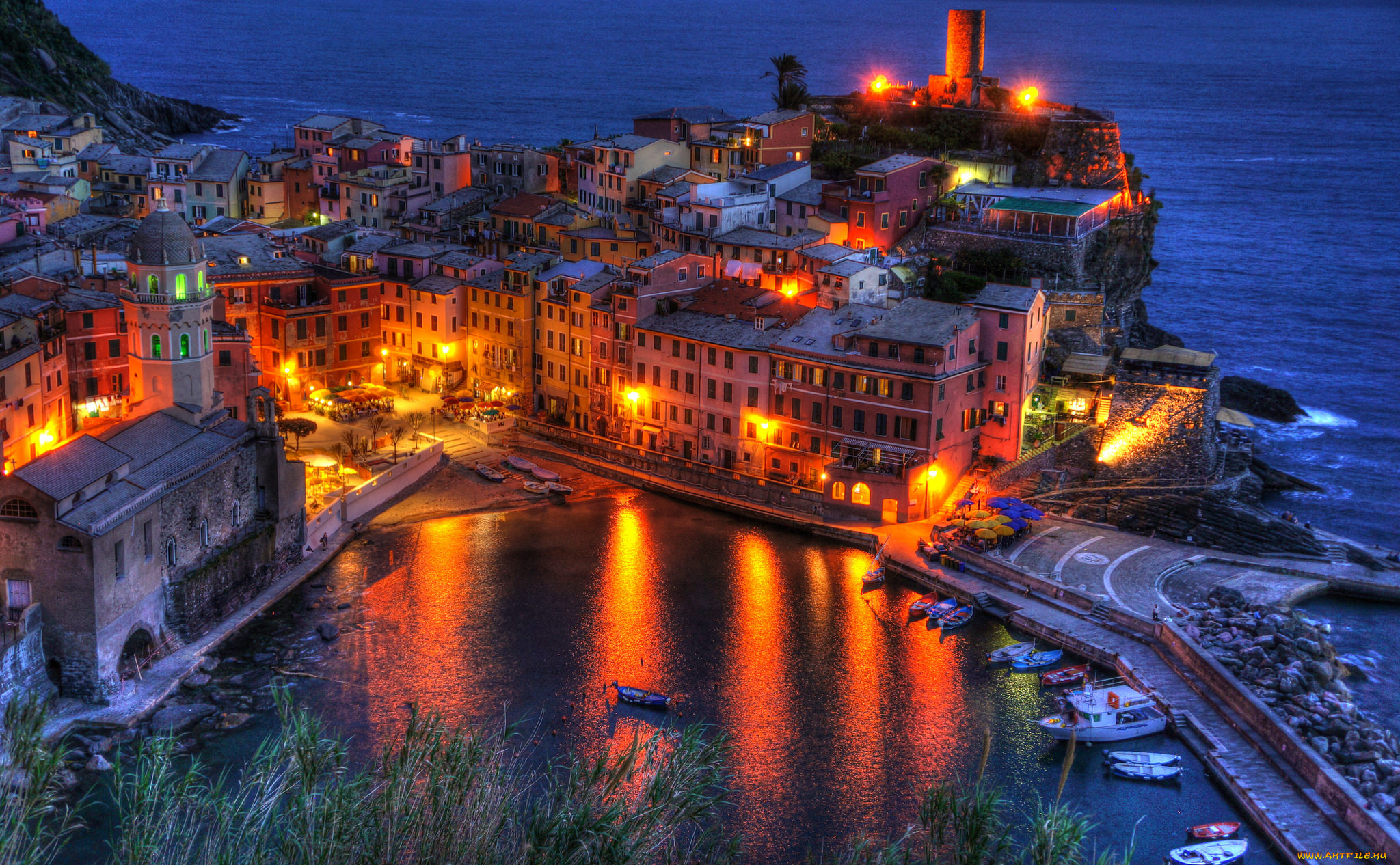 vernazza, italy, города, -, огни, ночного, города, ночь, здания, огни