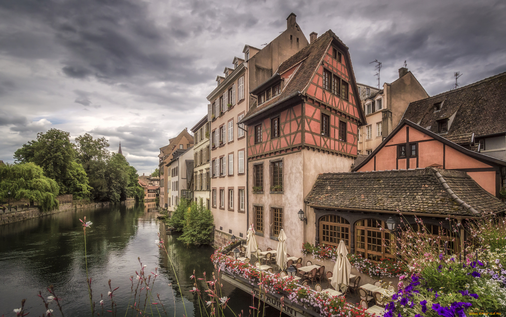 города, страсбург, , франция, набережная, канал, здания