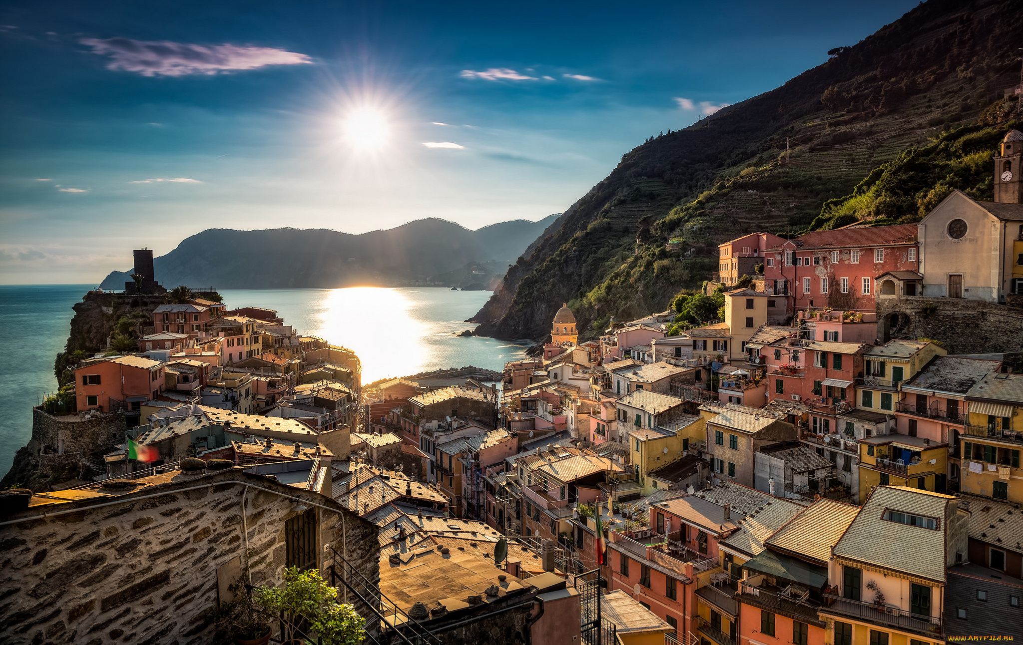 sun-drenched, vernazza, города, -, панорамы, поселок, скалы, море