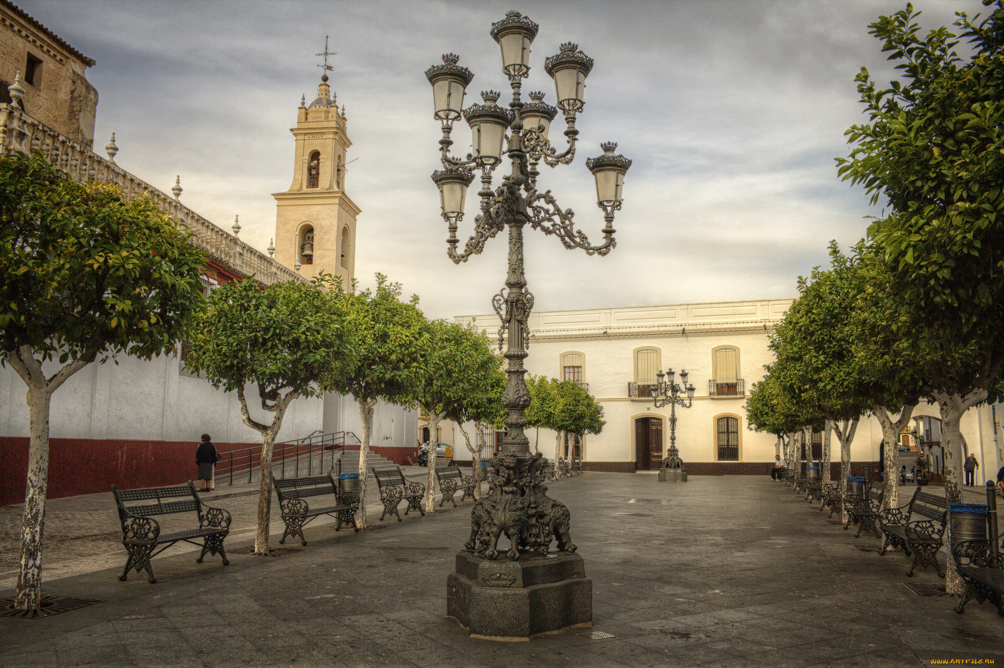 amanece, en, olivares, города, севилья, , испания, скамейки, аллея, фонари