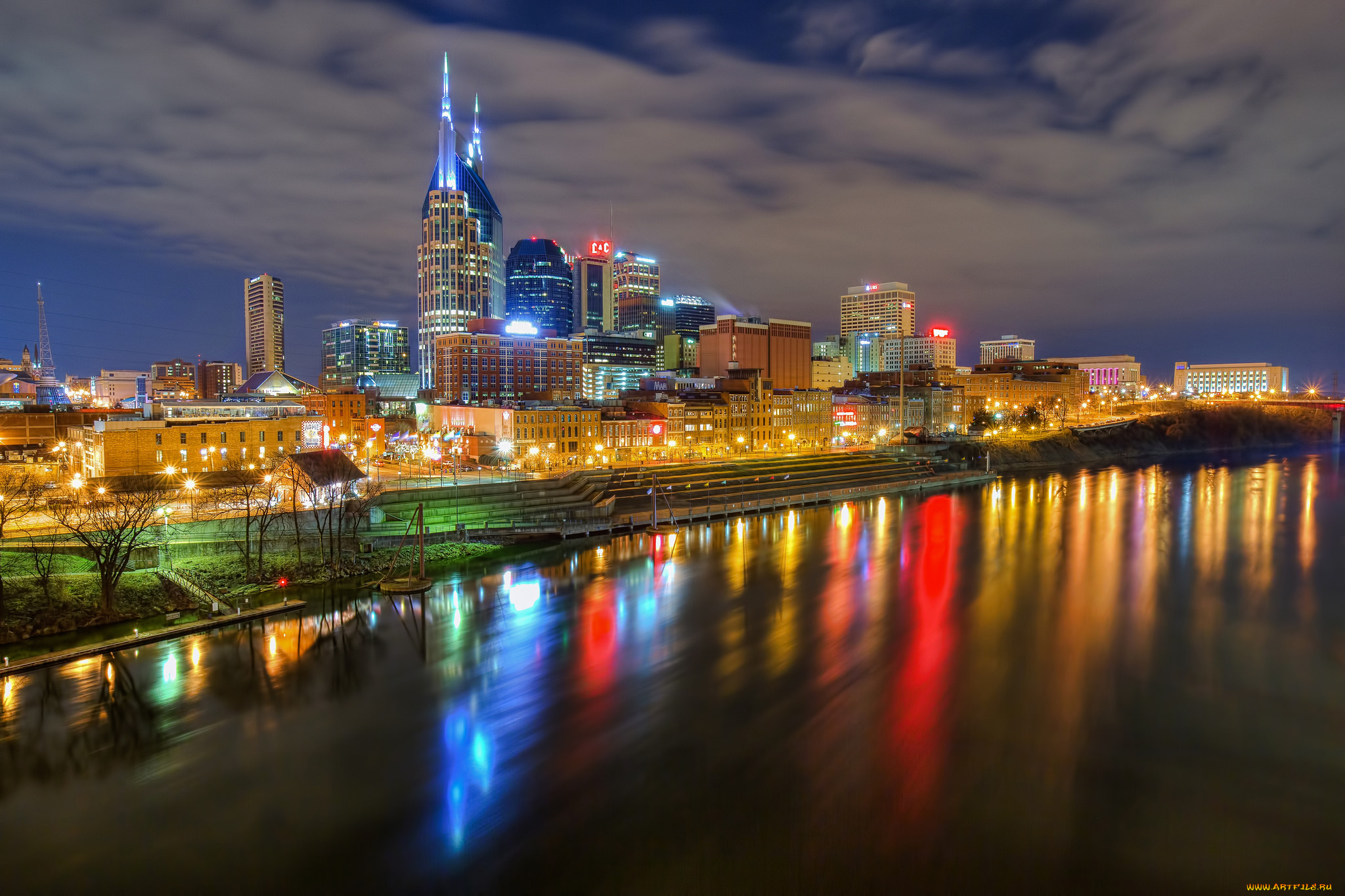 nashville, города, -, огни, ночного, города, ночь, река, набережная, небоскребы, огни