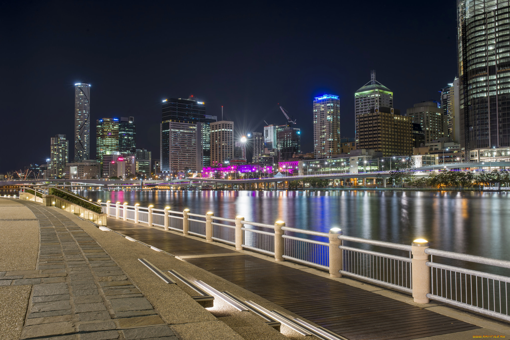 south, bank, brisbane, города, -, огни, ночного, города, ночь, река, набережная, небоскребы, огни