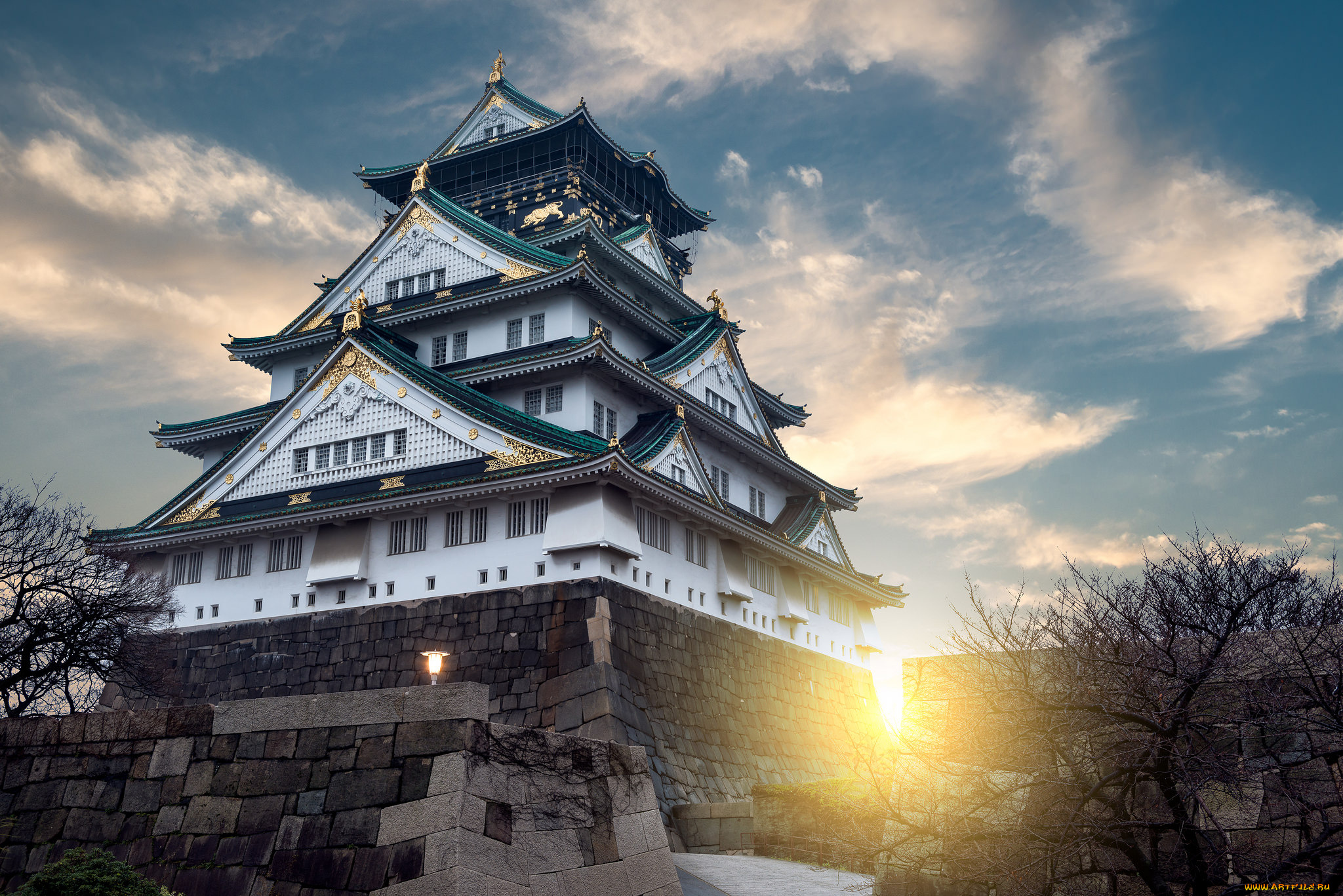 osaka, castle, города, замки, Японии, замок, рассвет