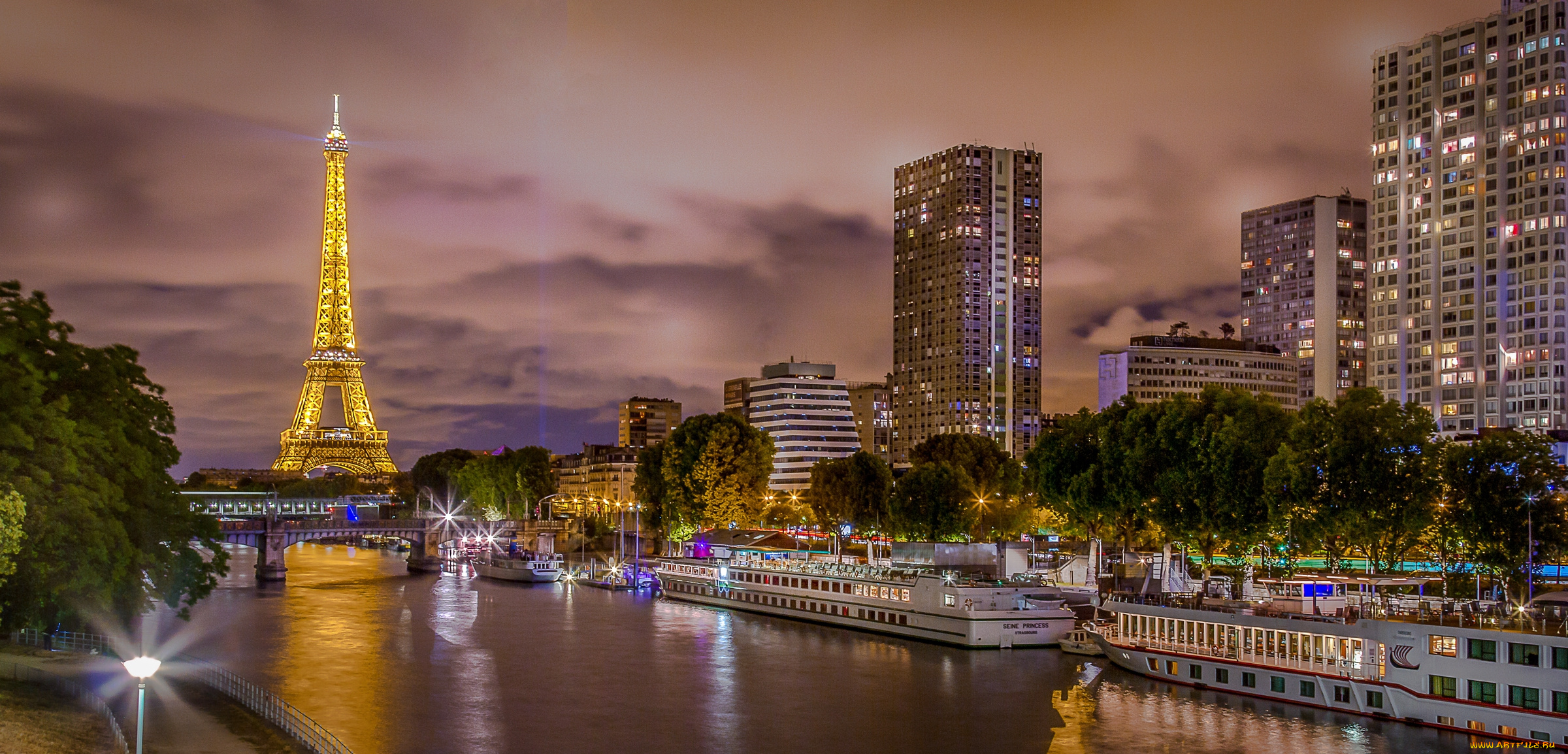 города, париж, , франция, башня, огни, река, ночь