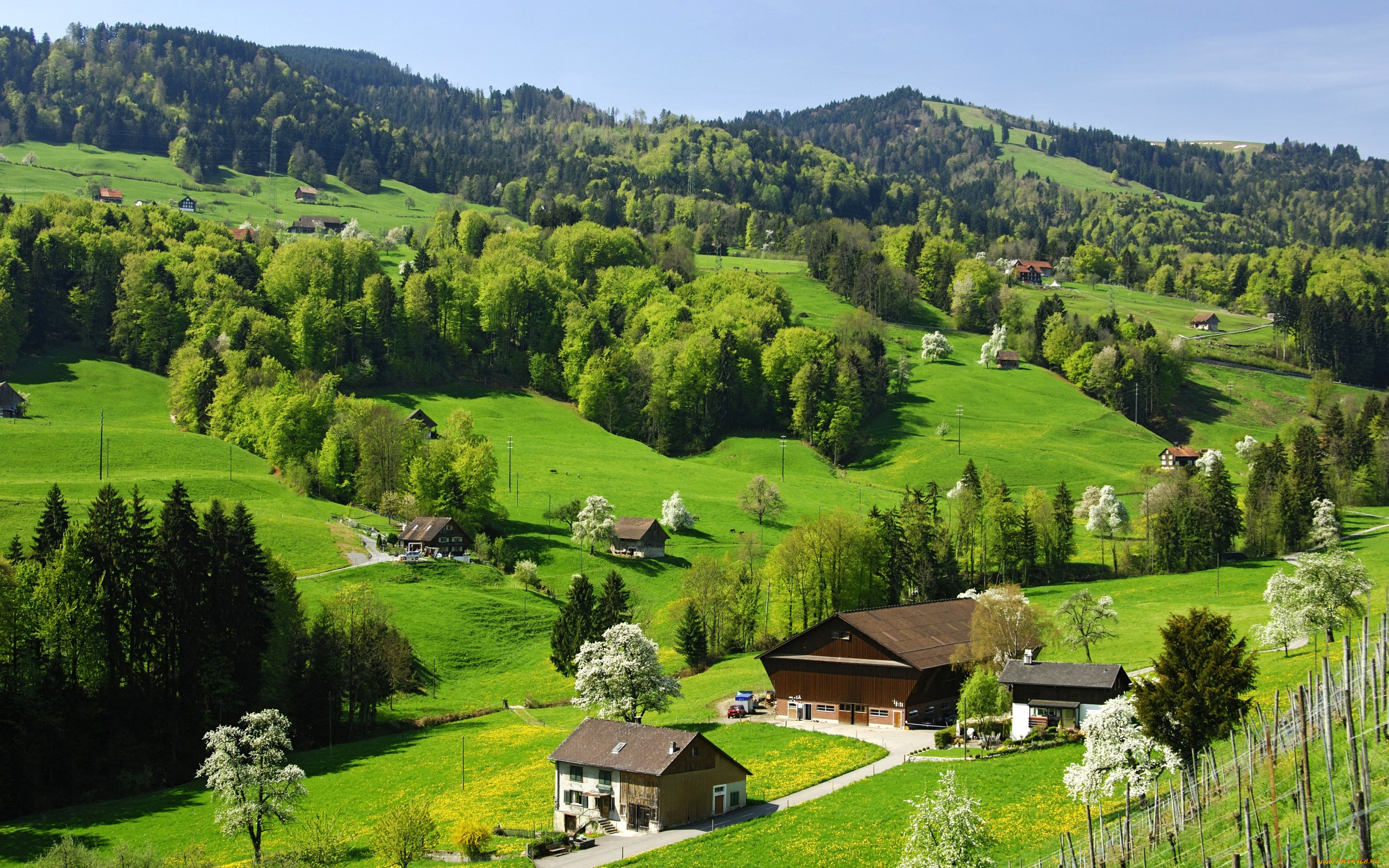 города, -, пейзажи, англия, derbyshire, поля, луга, трава, деревья, домики, холмы