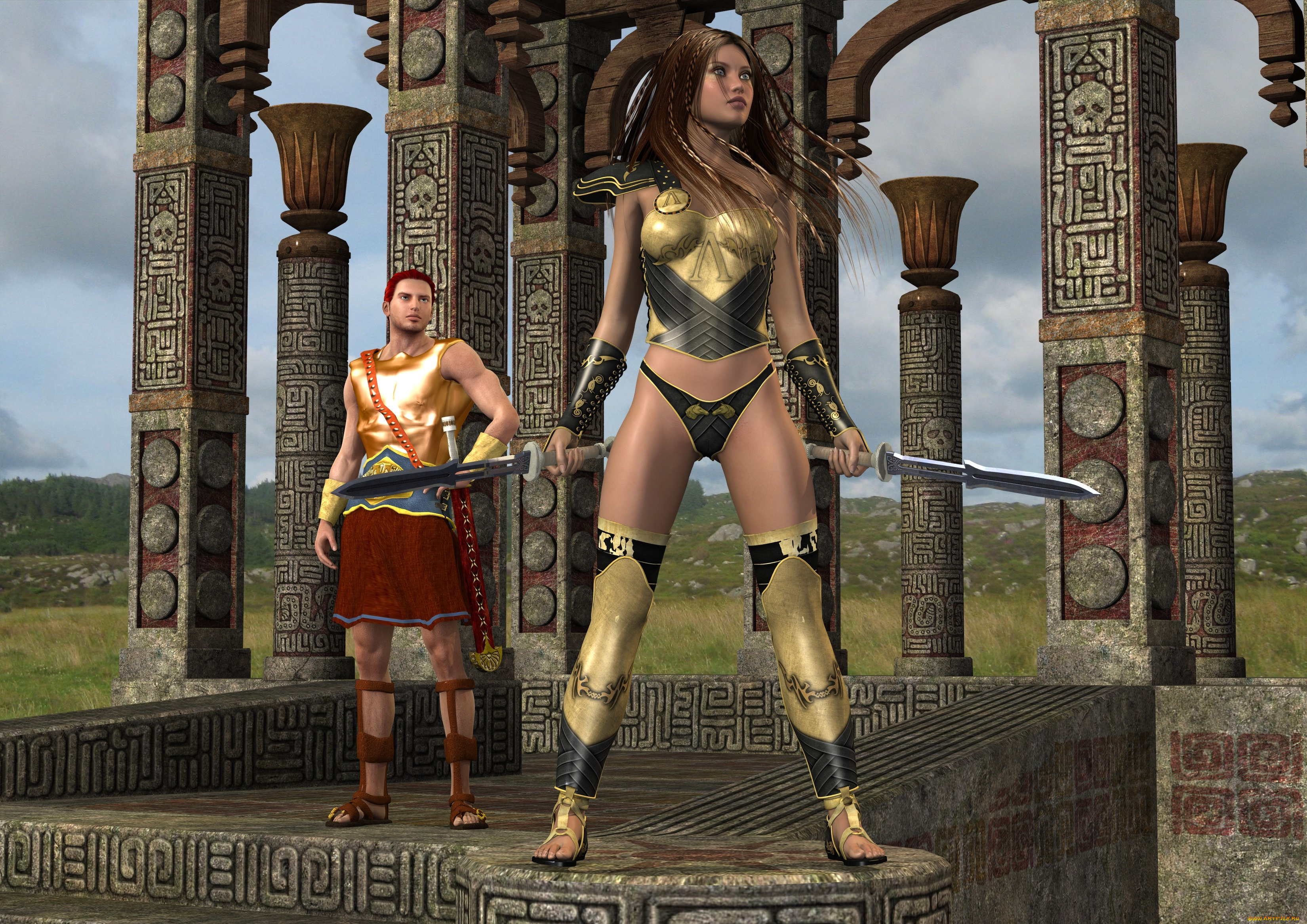 3д, графика, амазонки, , amazon, девушка, фон, оружие, мужчина, взгляд