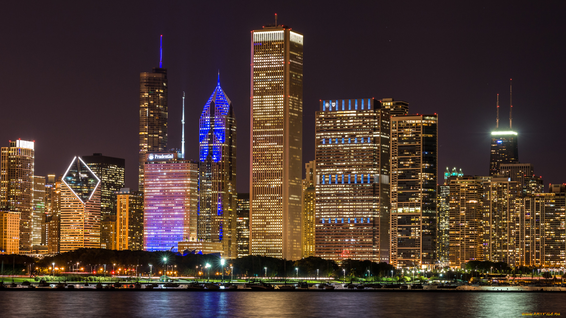 chicago, , il, -, usa, города, Чикаго, , сша, вода, свет, ночь