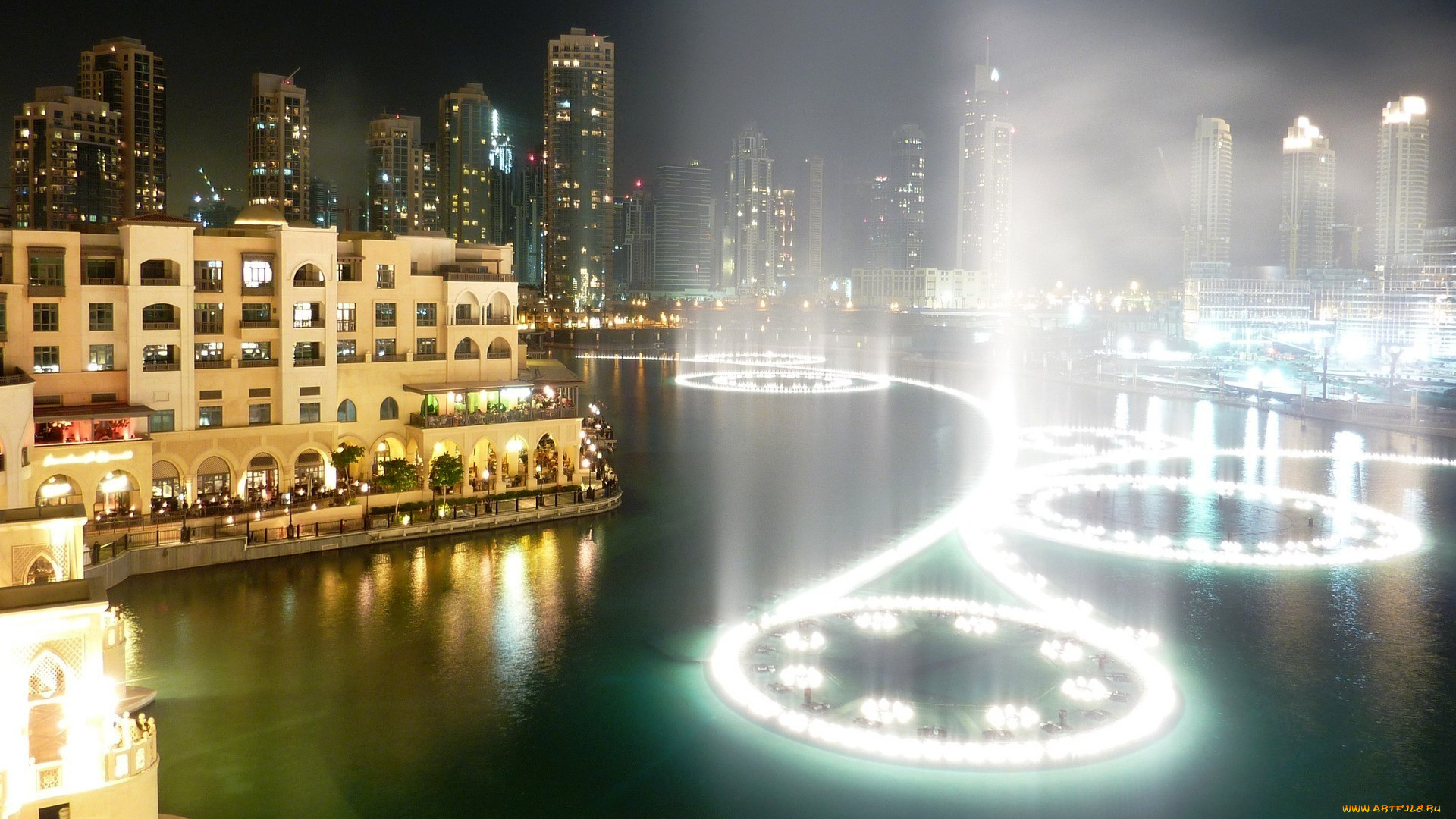 города, -, фонтаны, огни, фонтаны, бассейн, здания, дома, отели