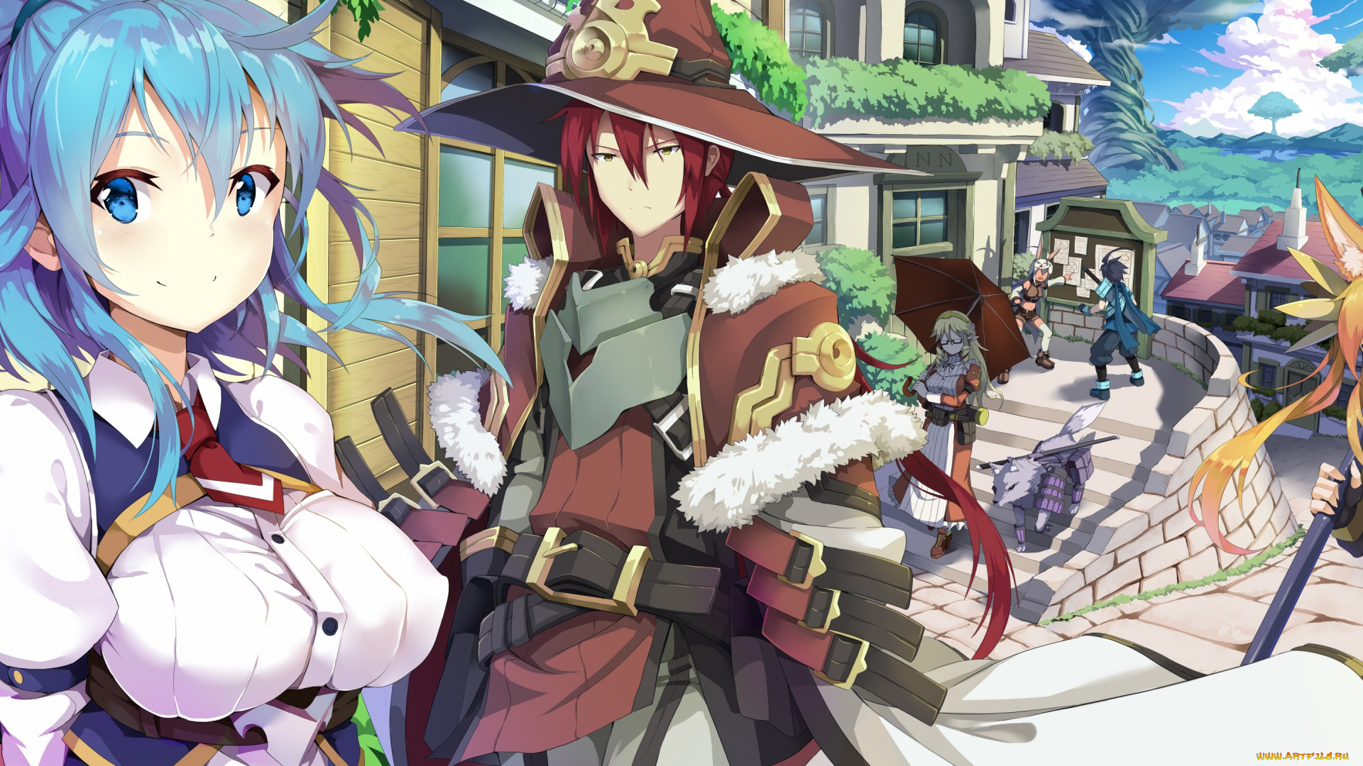 аниме, город, , улицы, , здания, персонажи