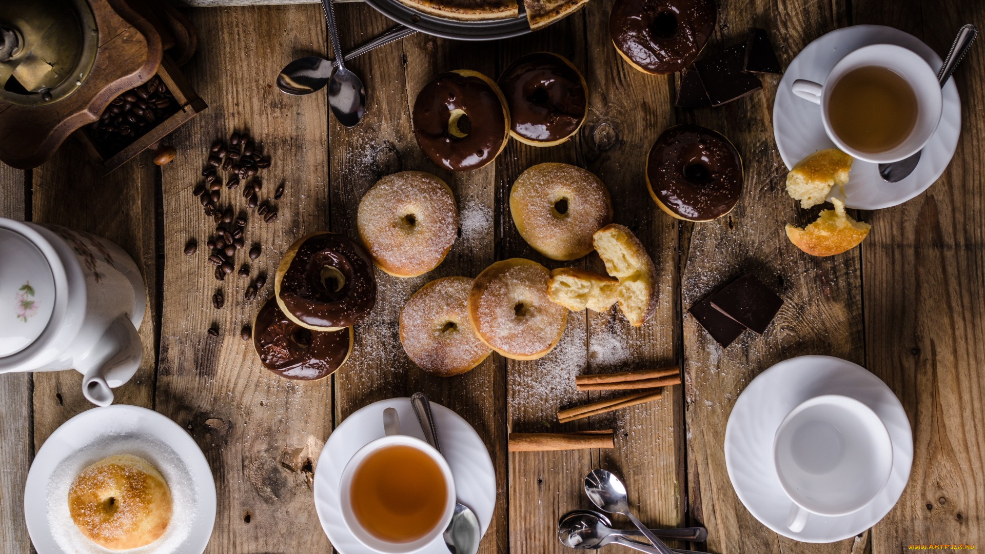 еда, разное, глазурь, кофейные, зерна, шоколад, пончики, корица, пирог, чай, выпечка, сахарная, пудра