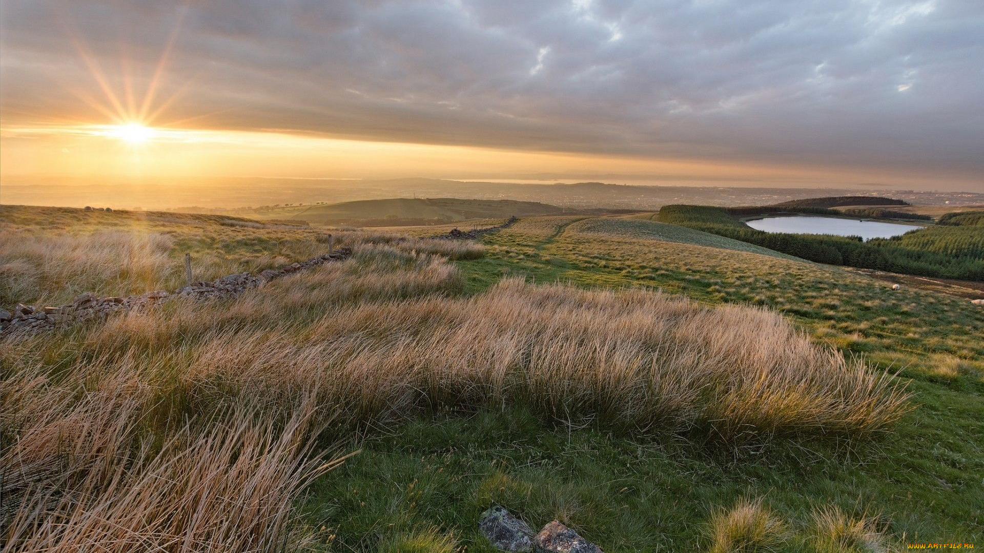 природа, восходы, закаты, тучи, солнце, холмы, озеро, трава