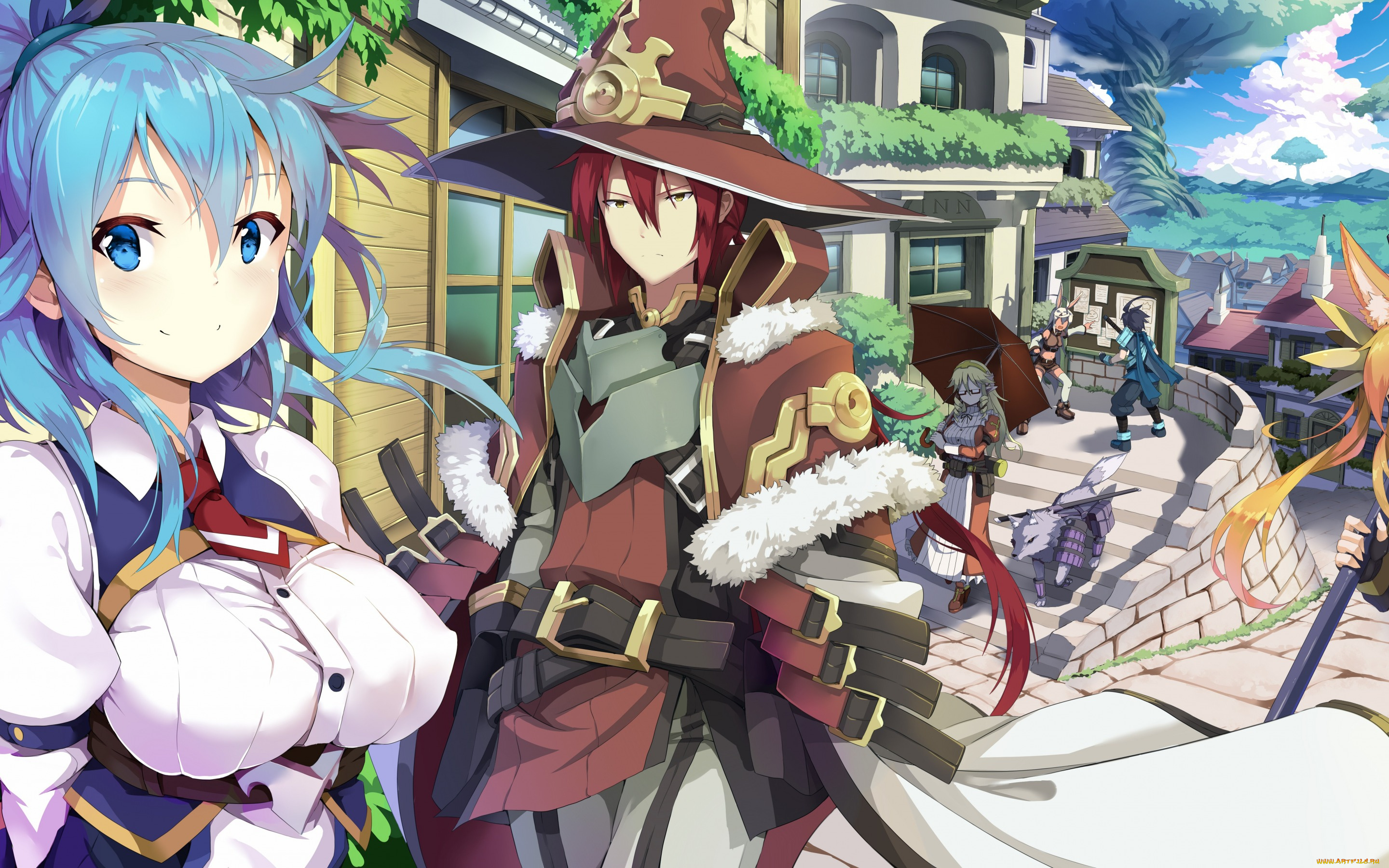 аниме, город, , улицы, , здания, персонажи