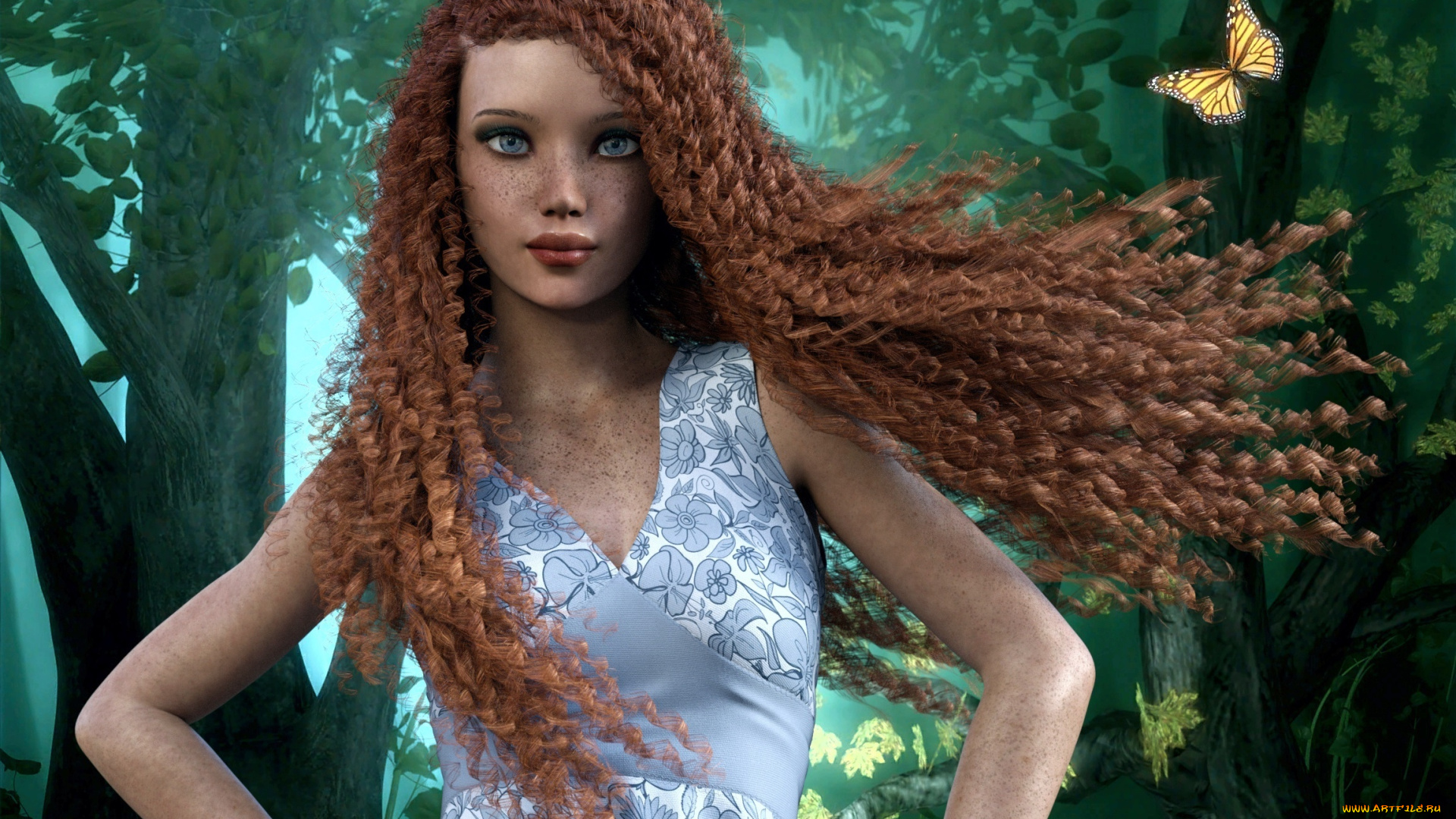 3д, графика, люди, , people, девушка, фон, веснушки, рыжая