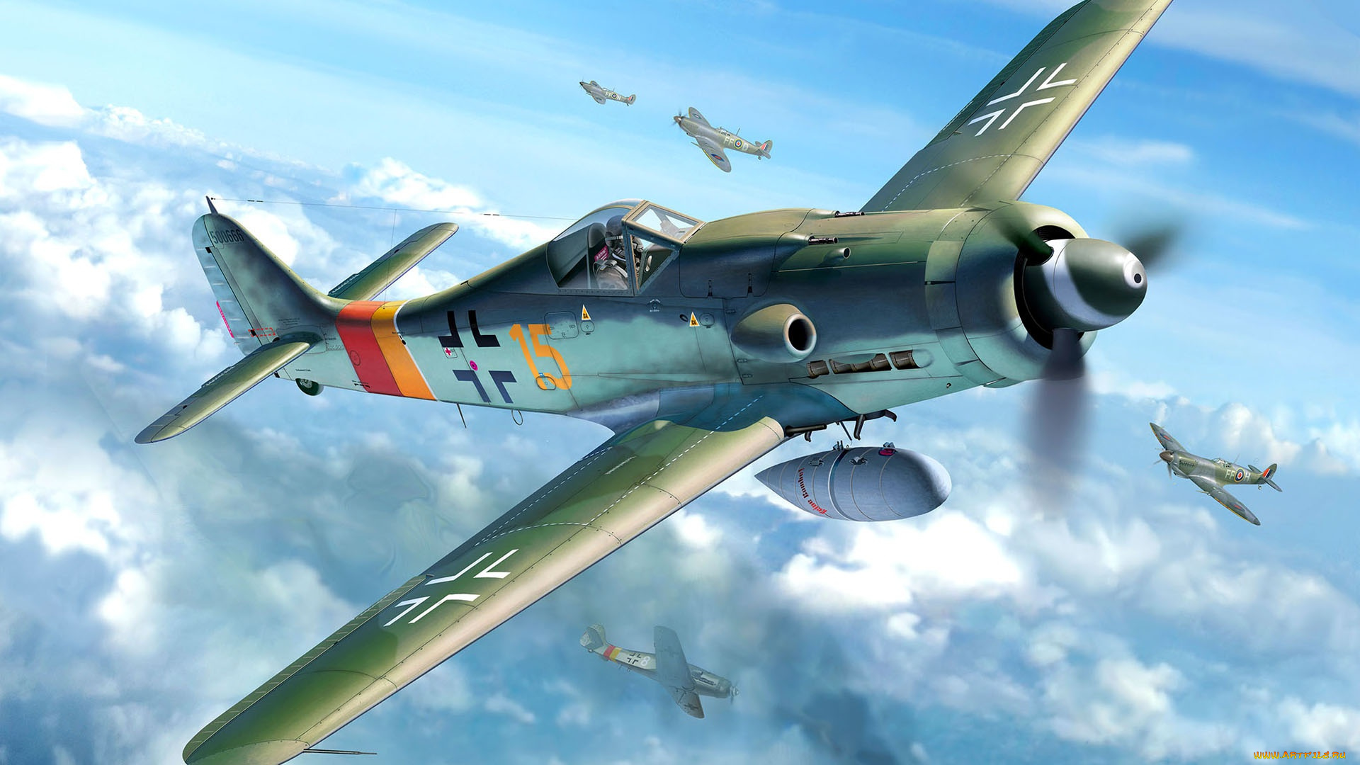 авиация, 3д, рисованые, v-graphic, поршневой, истребитель-моноплан, wurger, fw-190d-9, люфтваффе, focke-wulf, spitfire, немецкий, одноместный, одномоторный