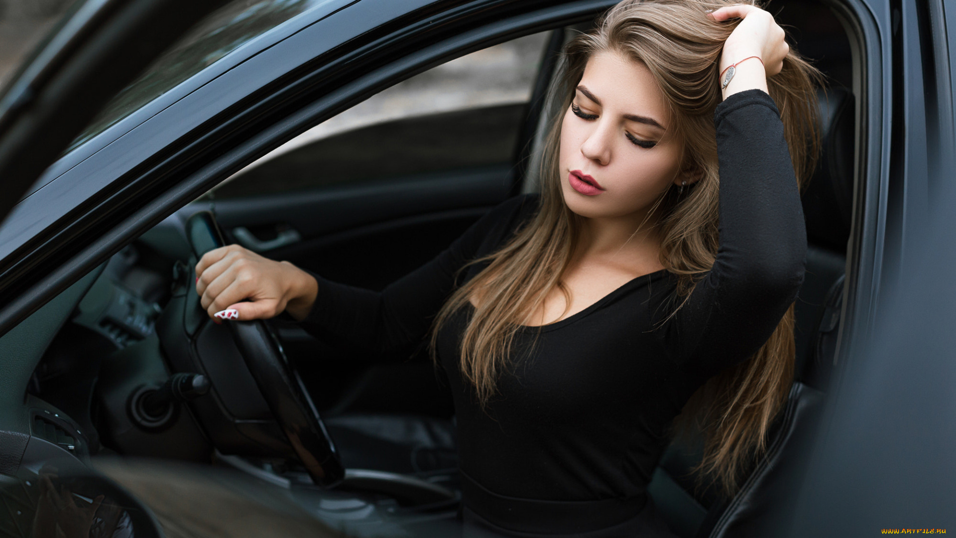автомобили, -авто, с, девушками, взгляд, девушка, фон, женщины, черное, платье, брюнетка, сидя, honda, accord, салон, придерживание, волос, черная, одежда