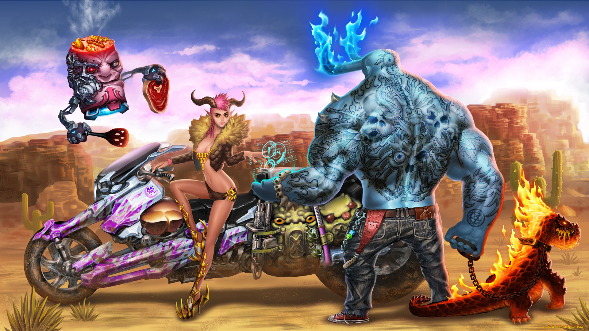 фэнтези, демоны, существо, мужчина, фон, девушка, мотоцикл