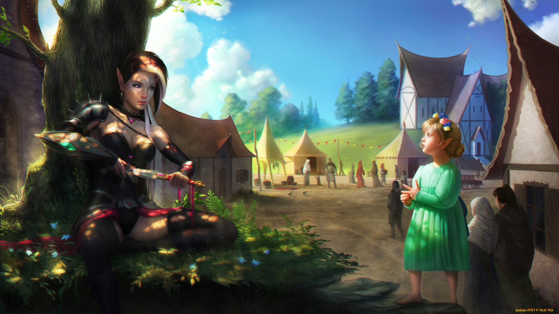 фэнтези, эльфы, люди, девушка, девочка, кинжал, взгляд, фон