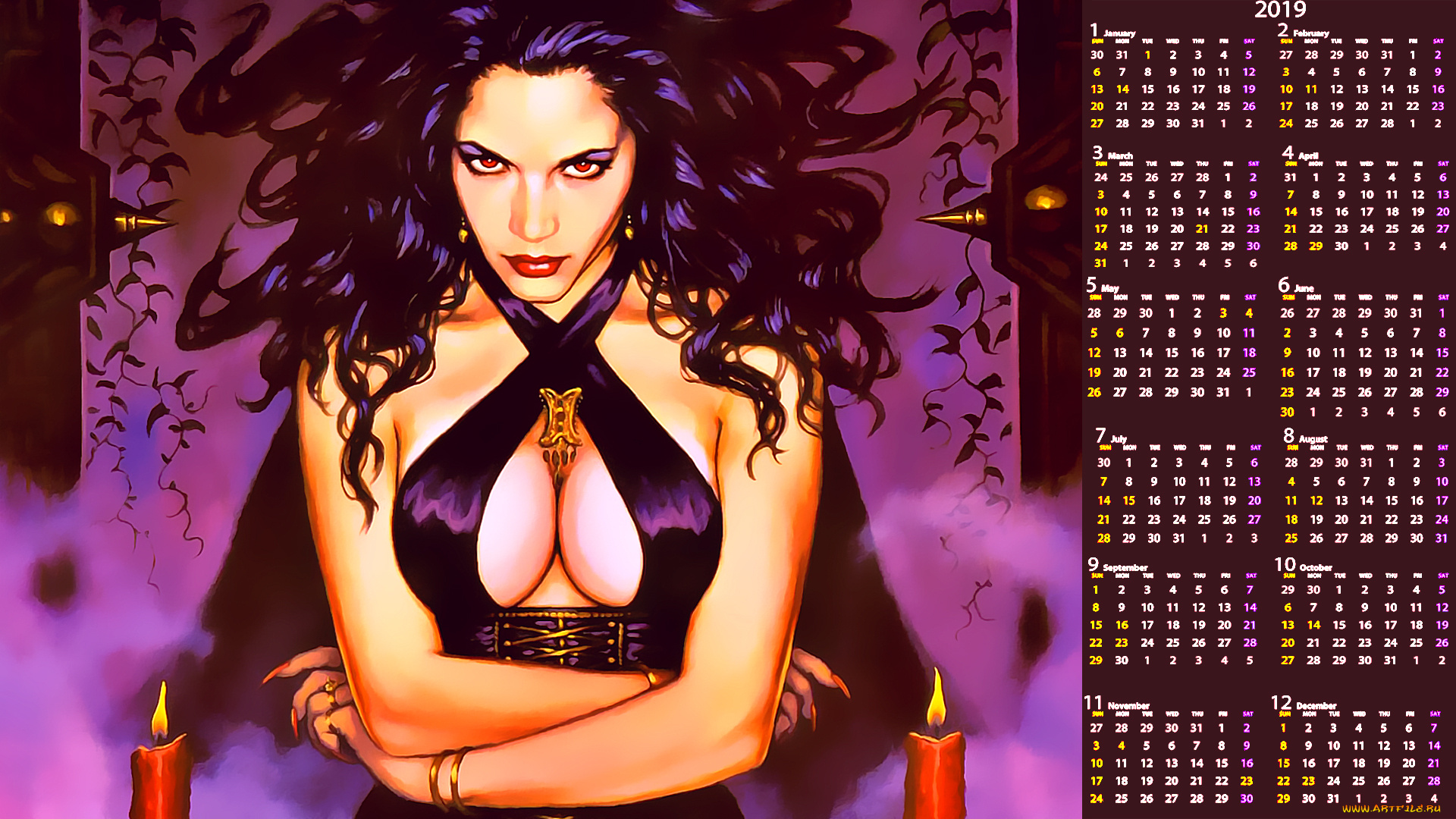 календари, фэнтези, свеча, взгляд, женщина