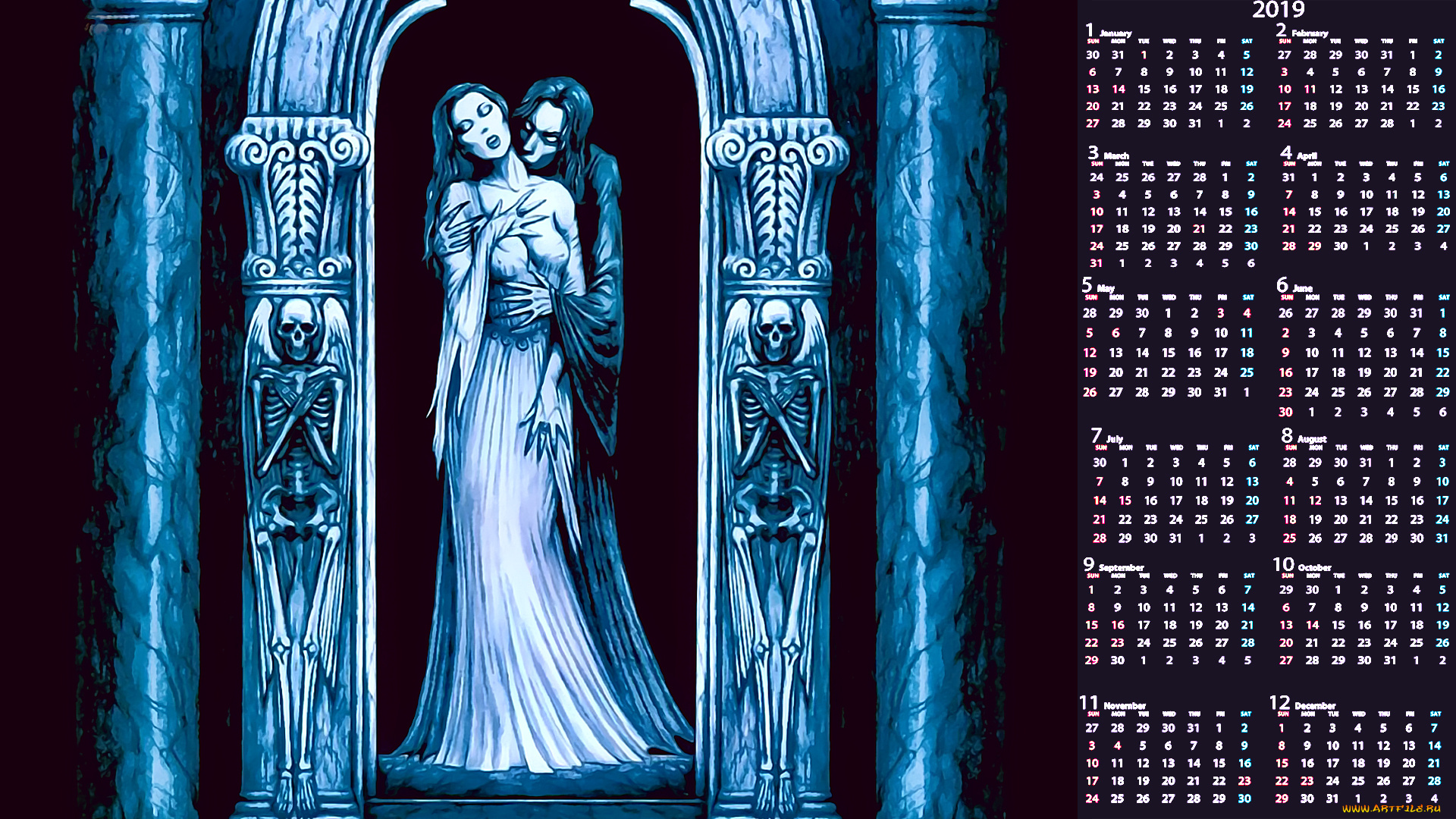 календари, фэнтези, укус, вампир, женщина, мужчина, скелет