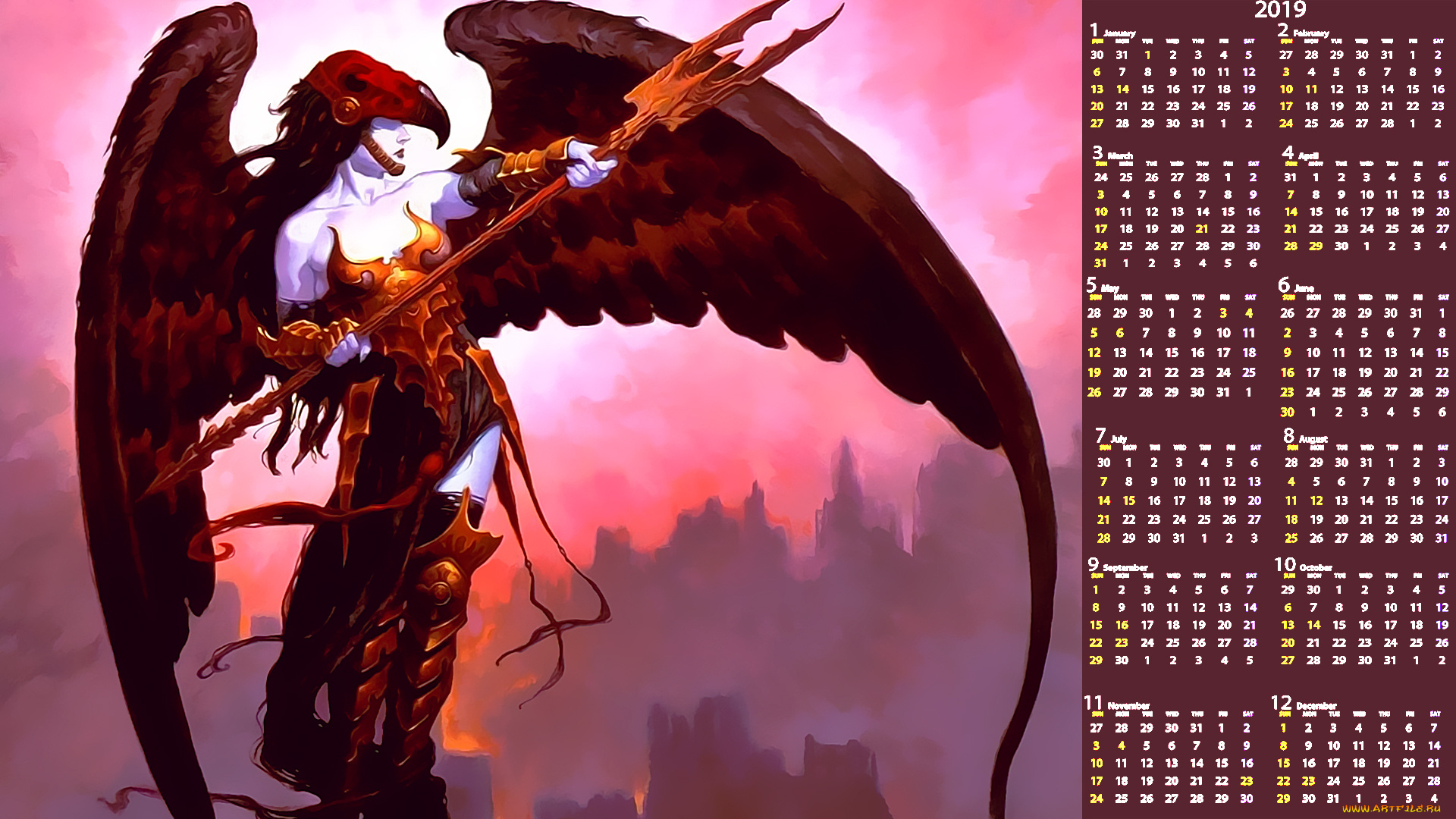 календари, фэнтези, женщина, крылья, оружие