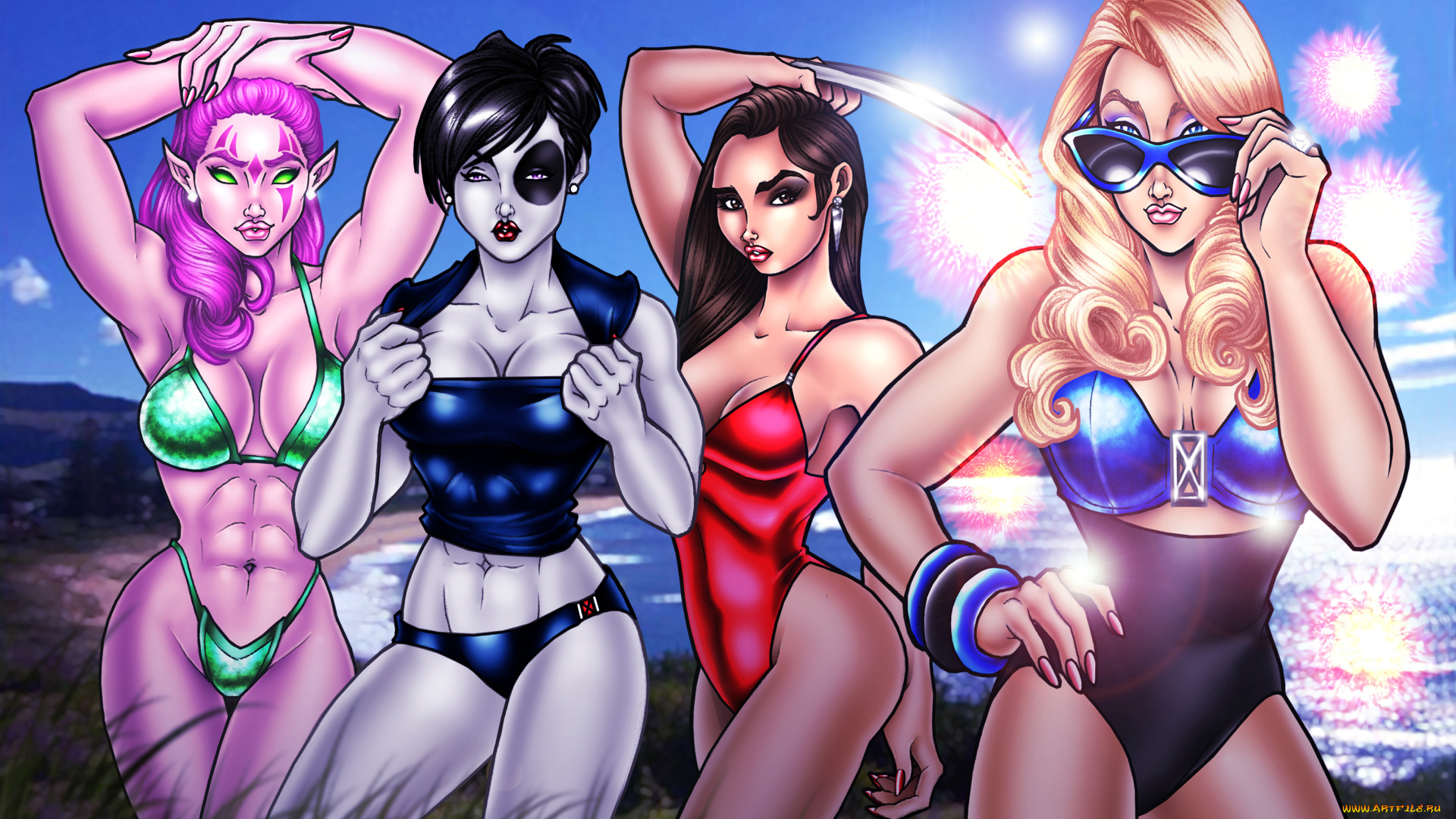 рисованное, комиксы, фон, существо, девушки, взгляд, купальник