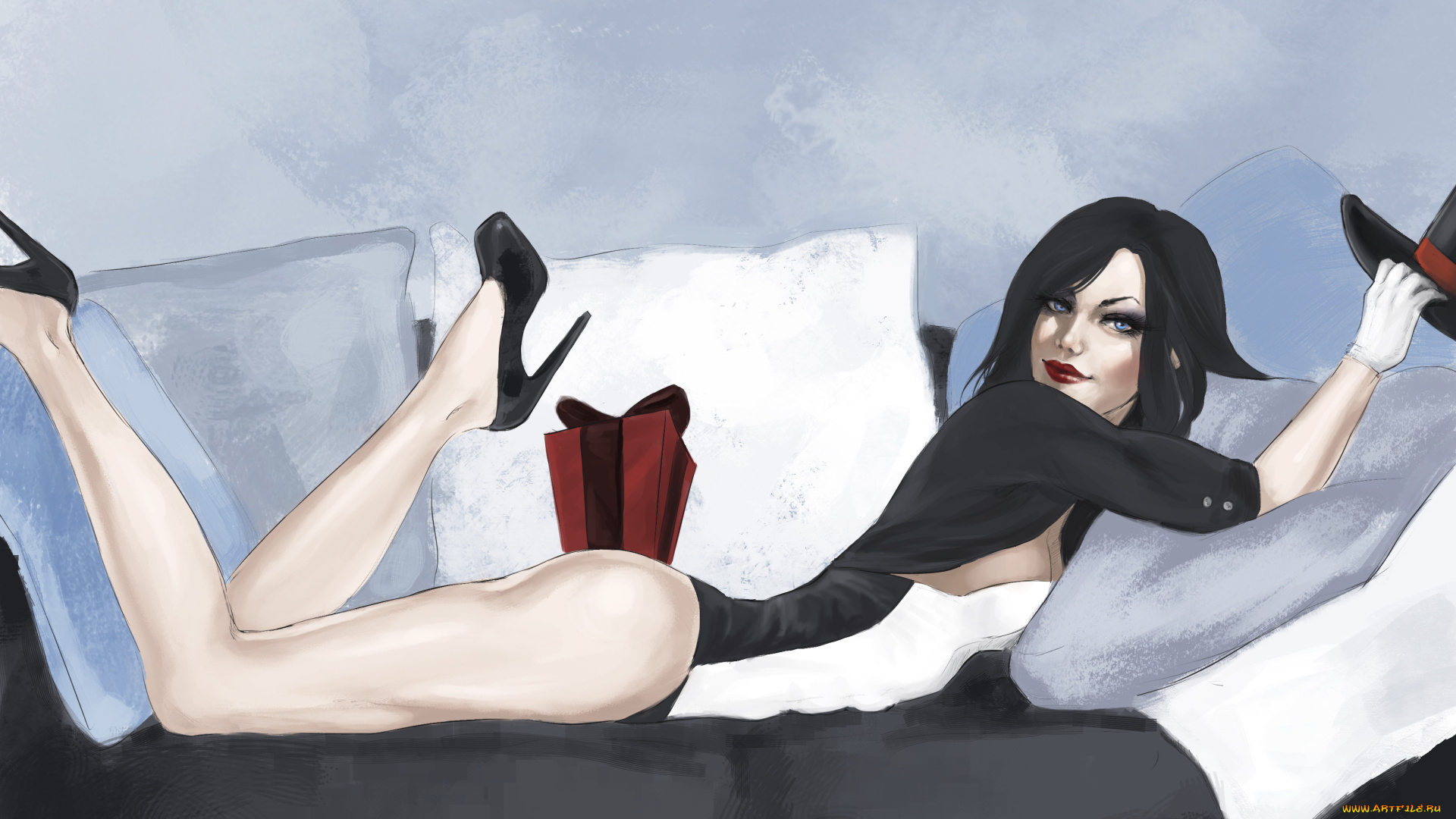 рисованное, люди, фон, девушка, взгляд, диван