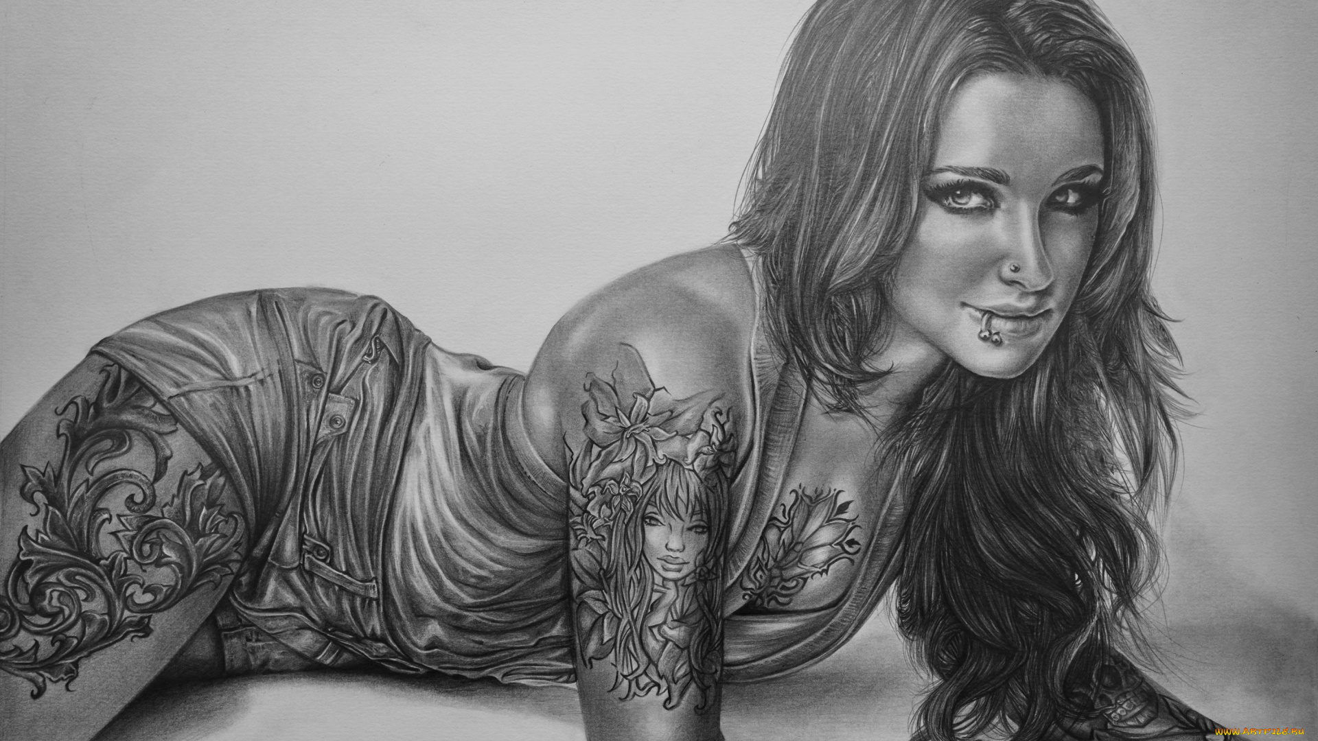 рисованное, люди, взгляд, фон, девушка, пирсинг, тату