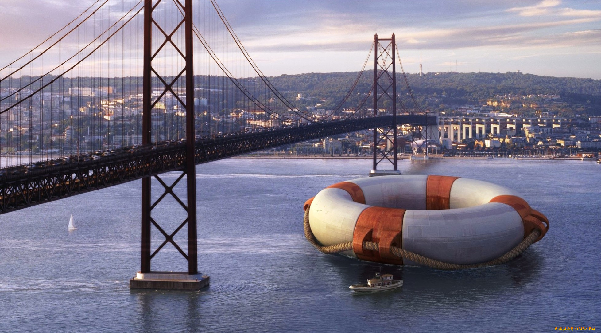 юмор, и, приколы, берега, круг, катер, река, мост