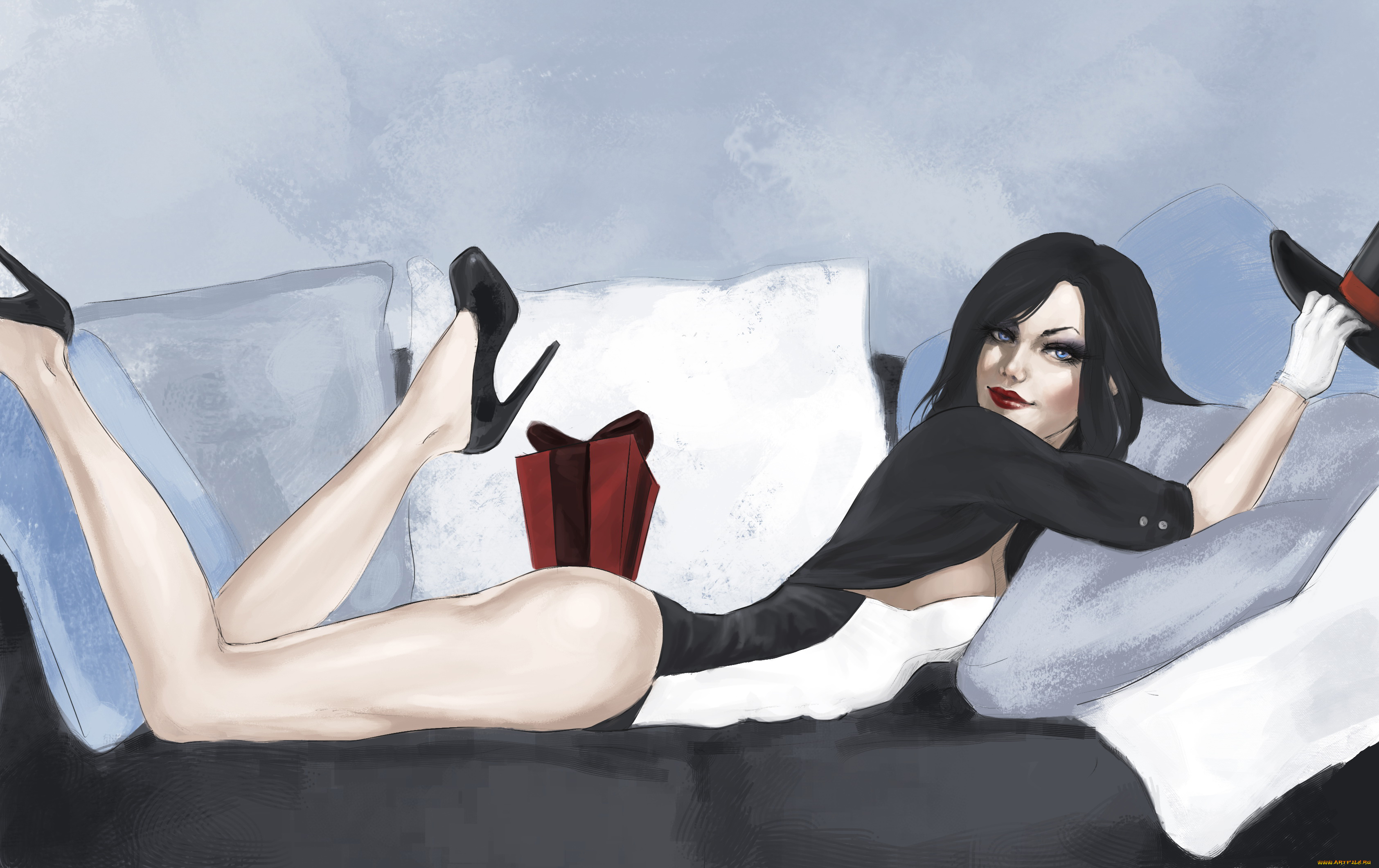 рисованное, люди, фон, девушка, взгляд, диван