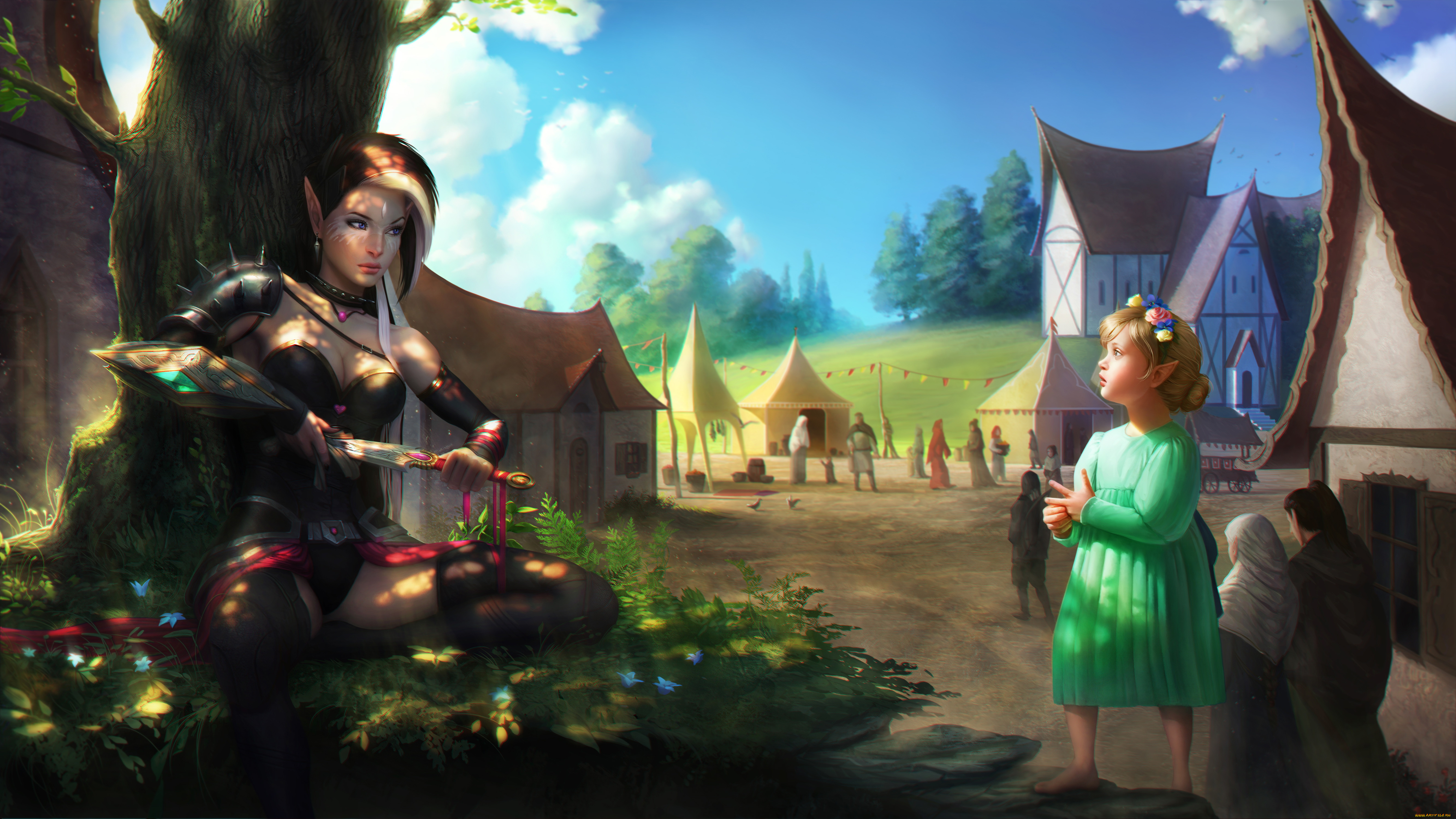 фэнтези, эльфы, люди, девушка, девочка, кинжал, взгляд, фон