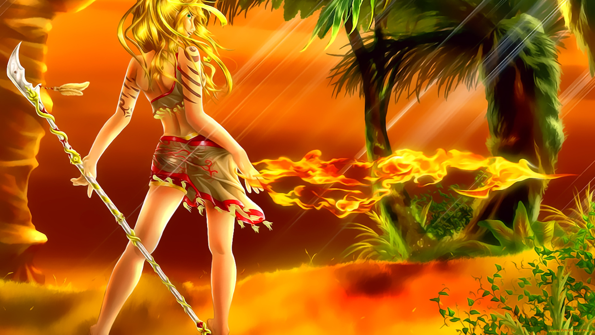 календари, фэнтези, 2019, оружие, пламя, calendar, девушка, дерево