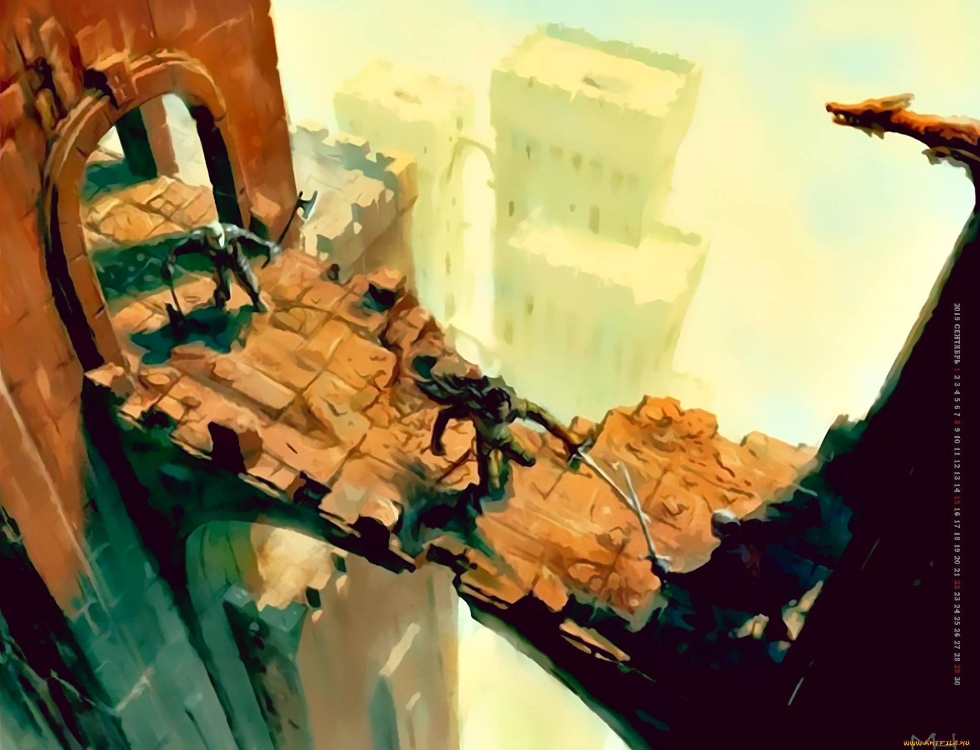 календари, фэнтези, поединок, оружие, здание, мост, 2019, calendar