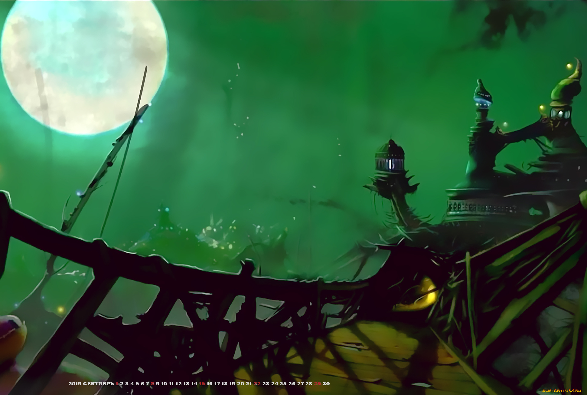 календари, фэнтези, 2019, calendar, ночь, постройка, планета
