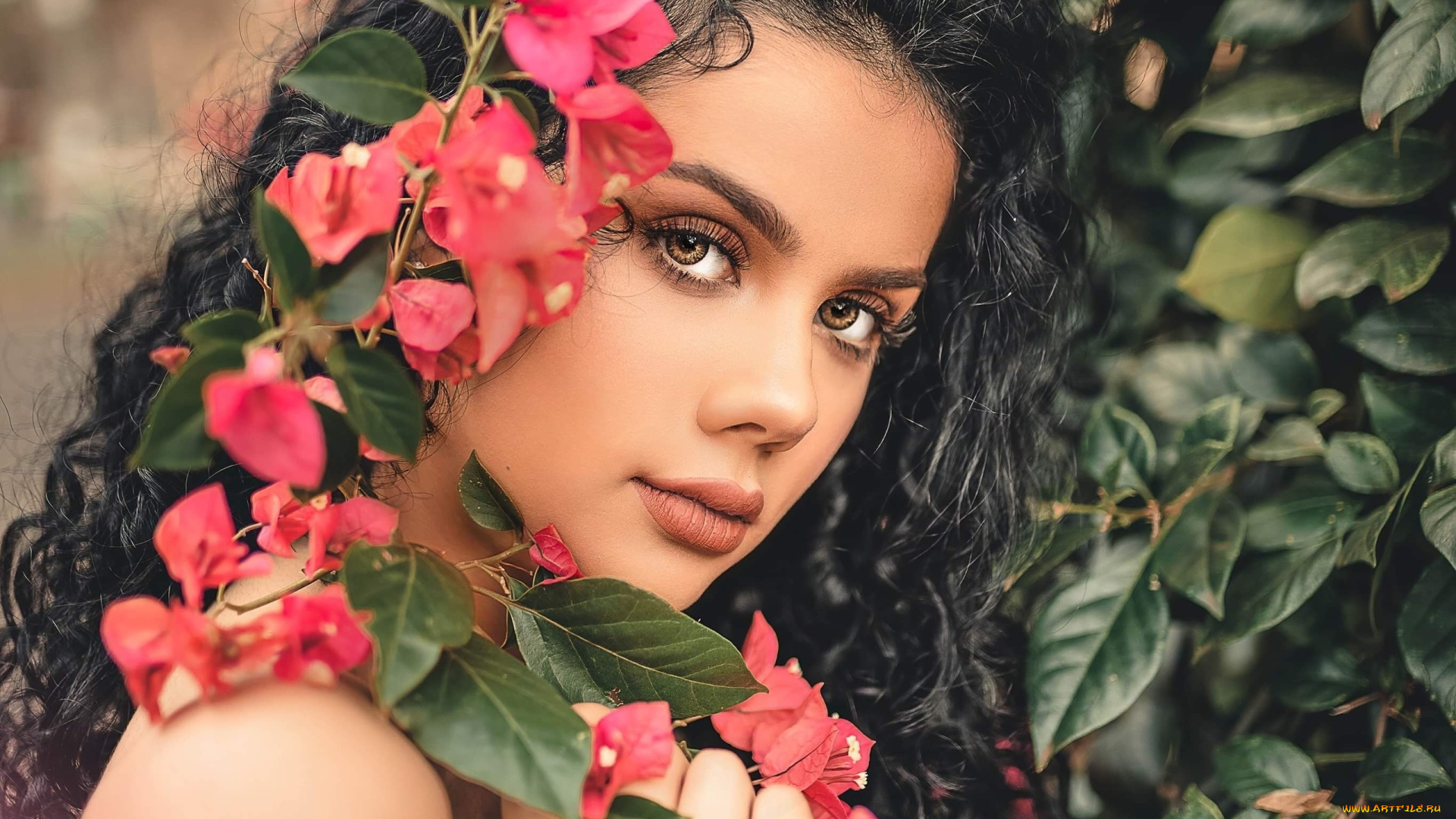 девушки, -, лица, , портреты, девушка, цветы, портрет, брюнетка, причёска, модель, лицо, макияж, взгляд, красотка