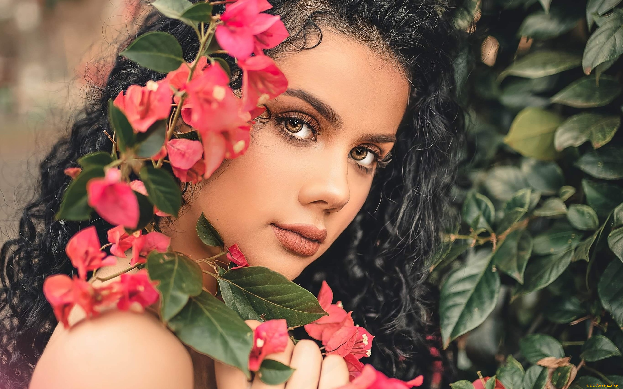 девушки, -, лица, , портреты, девушка, цветы, портрет, брюнетка, причёска, модель, лицо, макияж, взгляд, красотка
