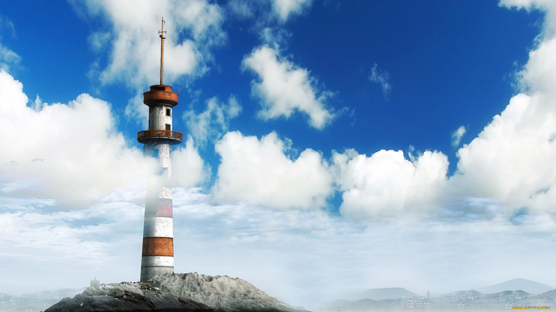 3д, графика, другое, , other, маяк, камень, море, облака