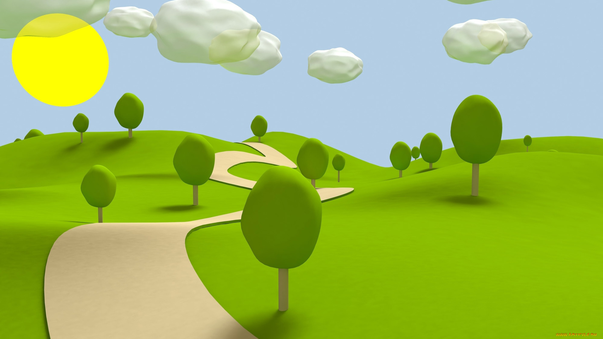 3д, графика, природа, , nature, дорога, деревья, холмы, облака