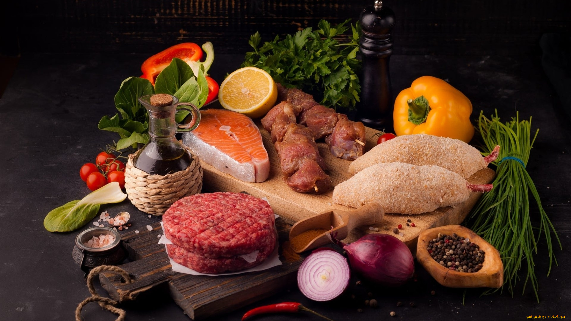 еда, разное, рыба, мясо, овощи