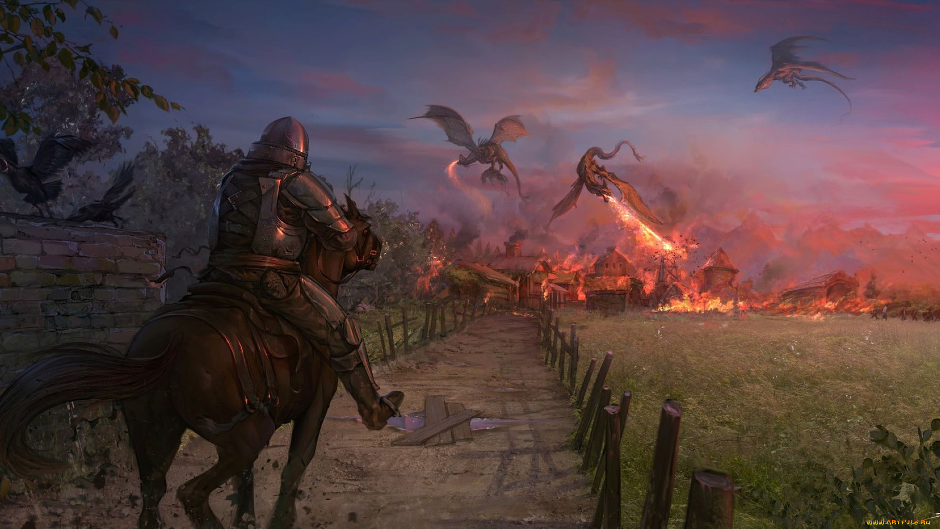 фэнтези, драконы, всадник, город, дорога