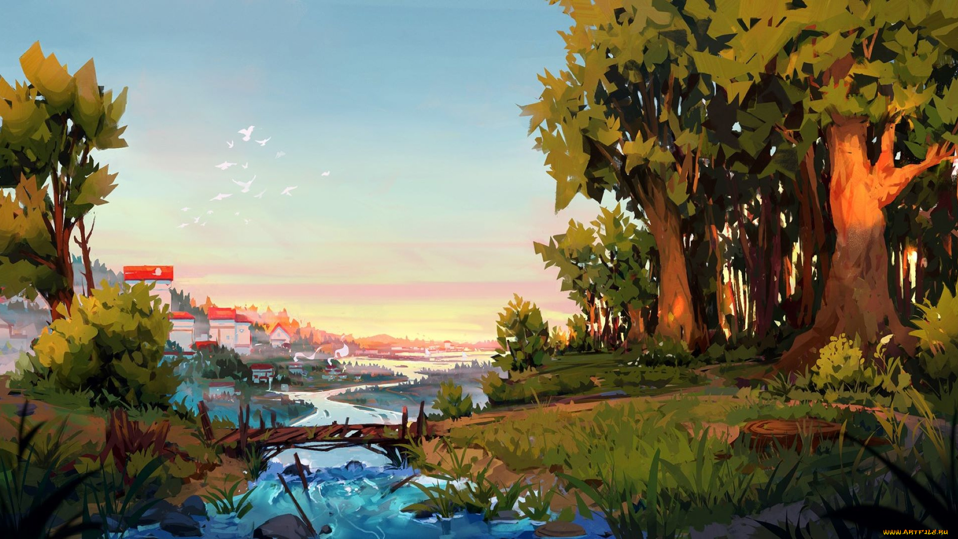 рисованное, денис, истомин, лес, река, город